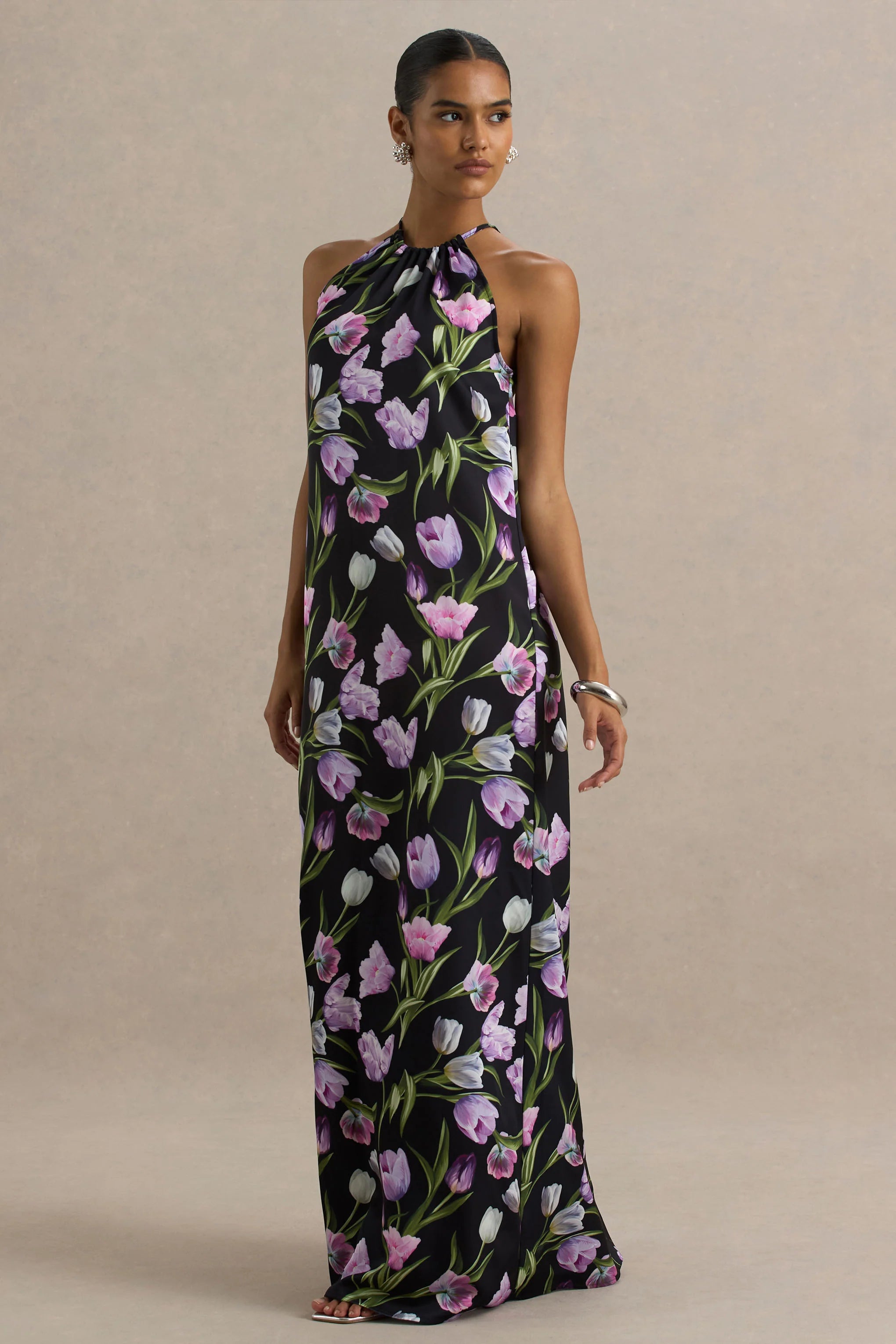 Svana Black Satin Floral Asymmetric Halter Neck Maxi Dress