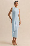 Oleandra Light Blue High Neck Midi Dress With Draped Detail