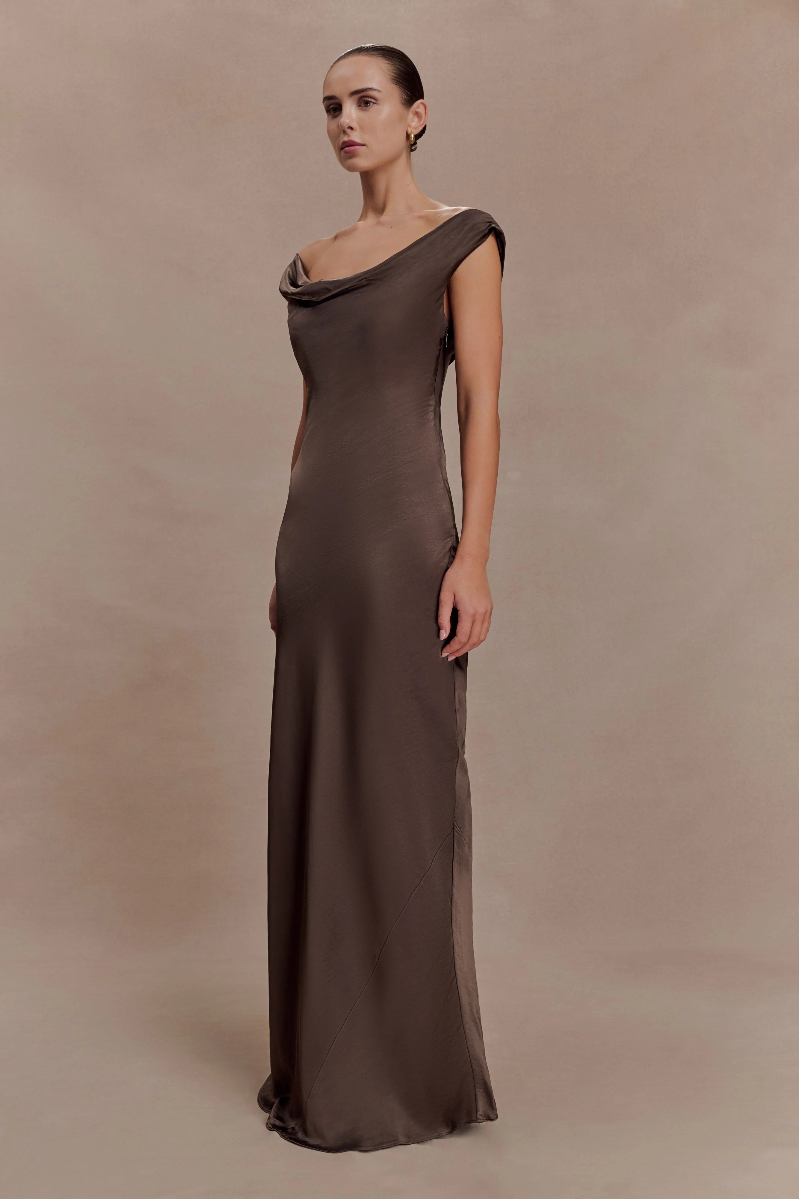 Ashley Cowl Neck Lace And Satin Maxi Dress Mocha
