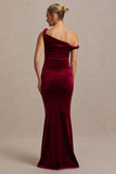 Tallulah Burgundy Velvet Asymmetric Neck Maternity Maxi Dress With Twist Sleeve