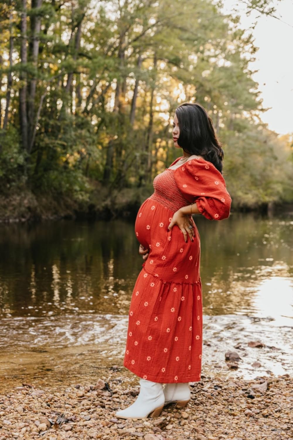 Women Floral Embroidered Maxi Dress Long Puff Sleeve Square Neck Bohemian Flowy Dress with Pockets Summer Fall