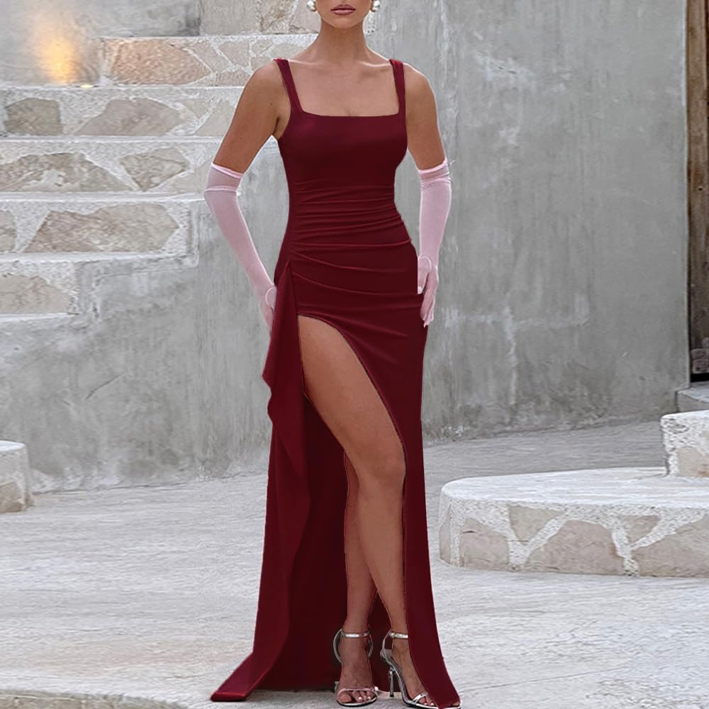 Women Formal Dresses Sleeveless Bodycon Ruched High Slit Sexy Maxi Dress Cocktail Prom