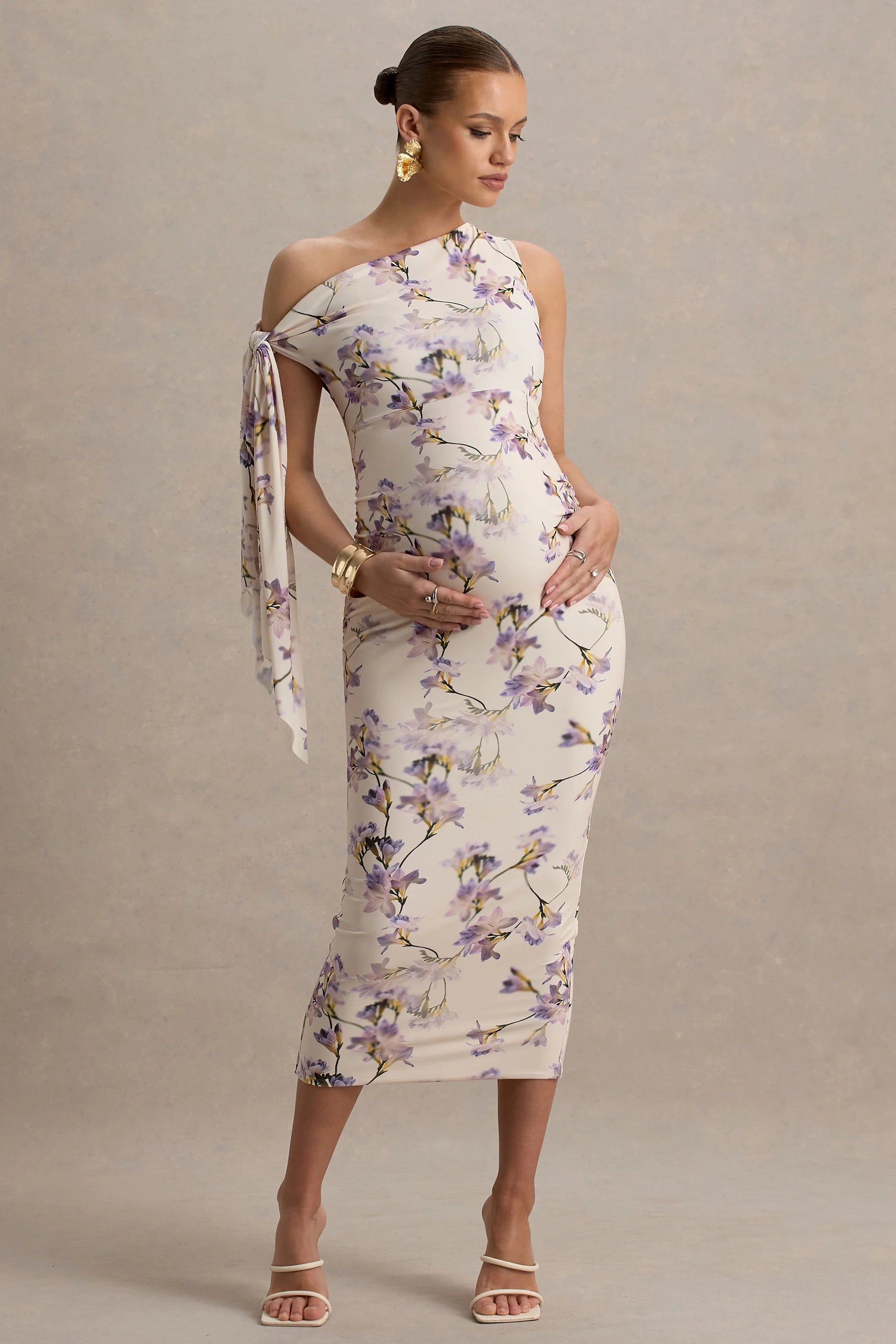 Katarine Peach Floral Print Asymmetric Knot Maternity Midi Dress