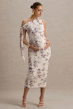 Katarine Peach Floral Print Asymmetric Knot Maternity Midi Dress