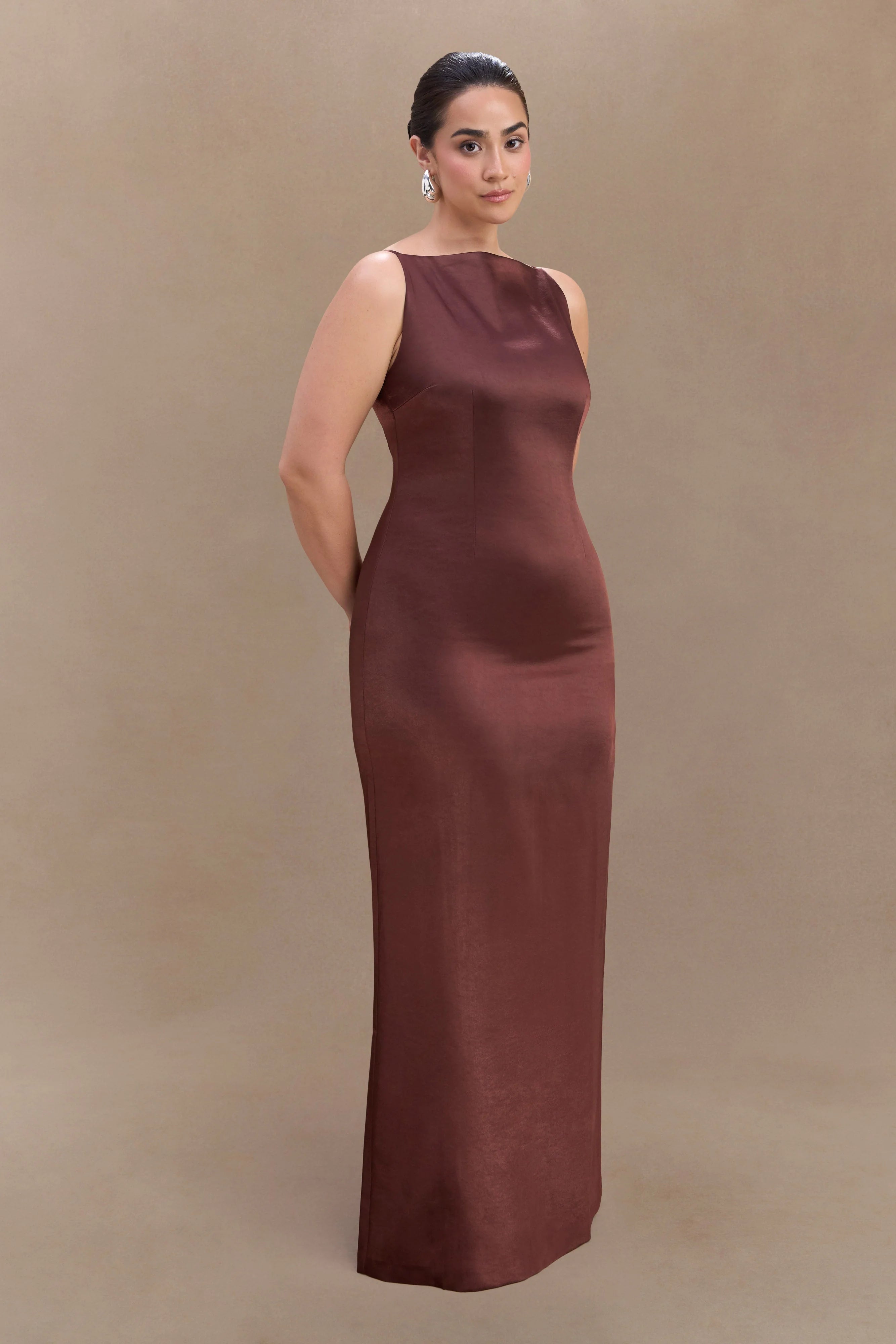 Violet Sleeveless Satin Maxi Dress Dark Chocolate