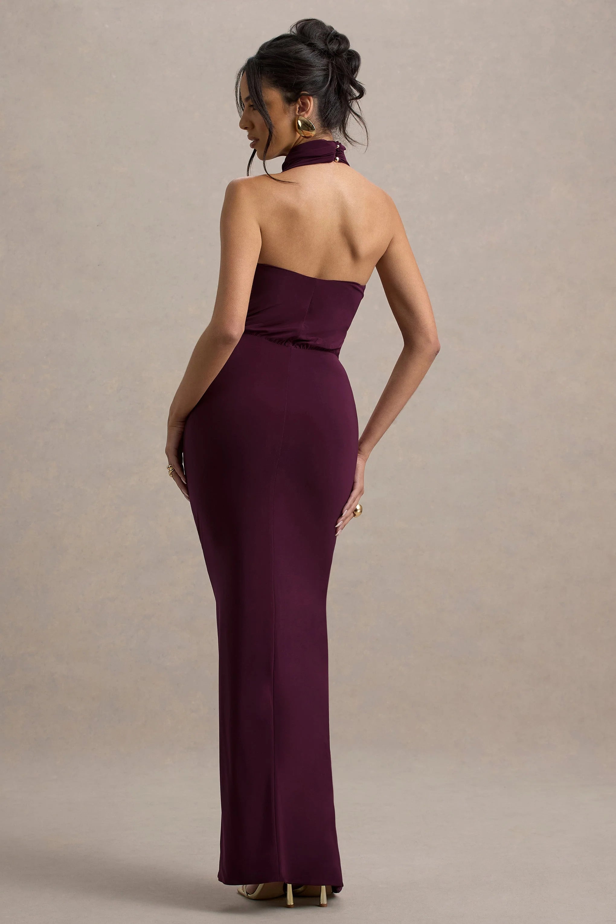 Hayden Burgundy High Neck Draped Split Maxi Dress