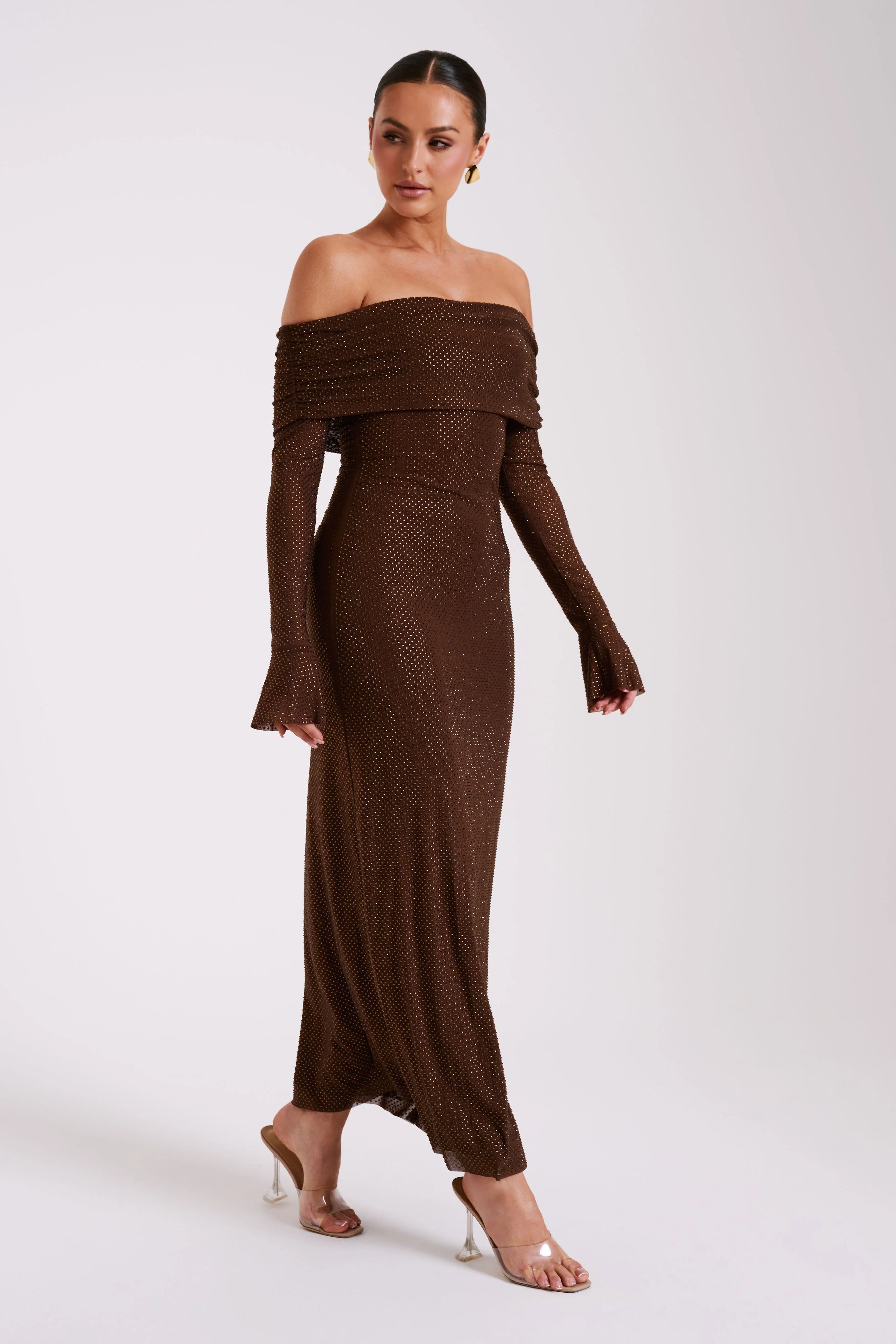 Marcel Off Shoulder Diamante Maxi Dress Chocolate
