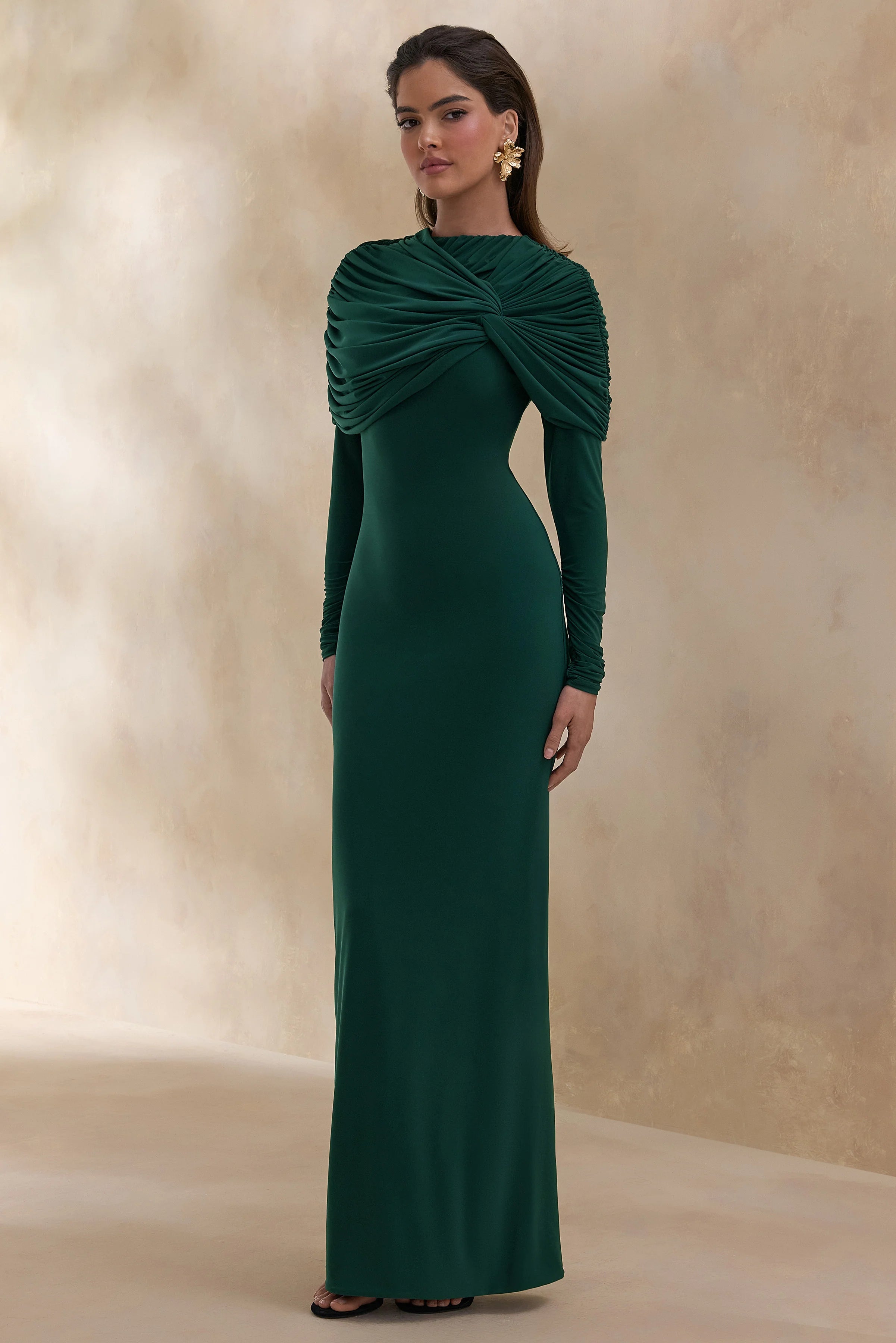Evessa Dark Green High Neck Maxi Dress With Gathered Detailing