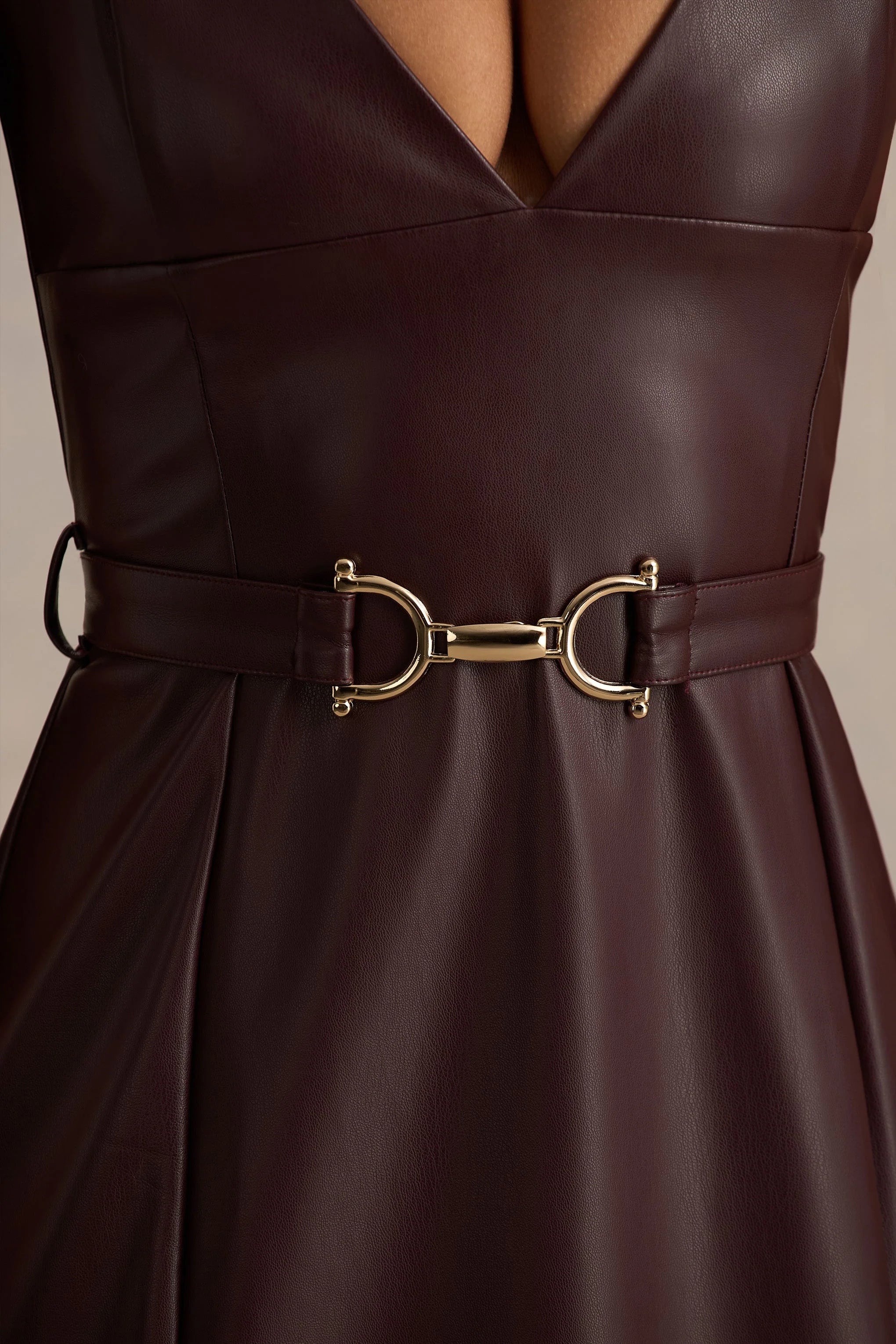 Lila Burgundy Faux Leather Plunge Neck Maxi Dress With Split