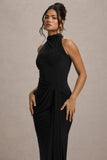 Khari Black High Neck Twisted Maxi Dress With Drape