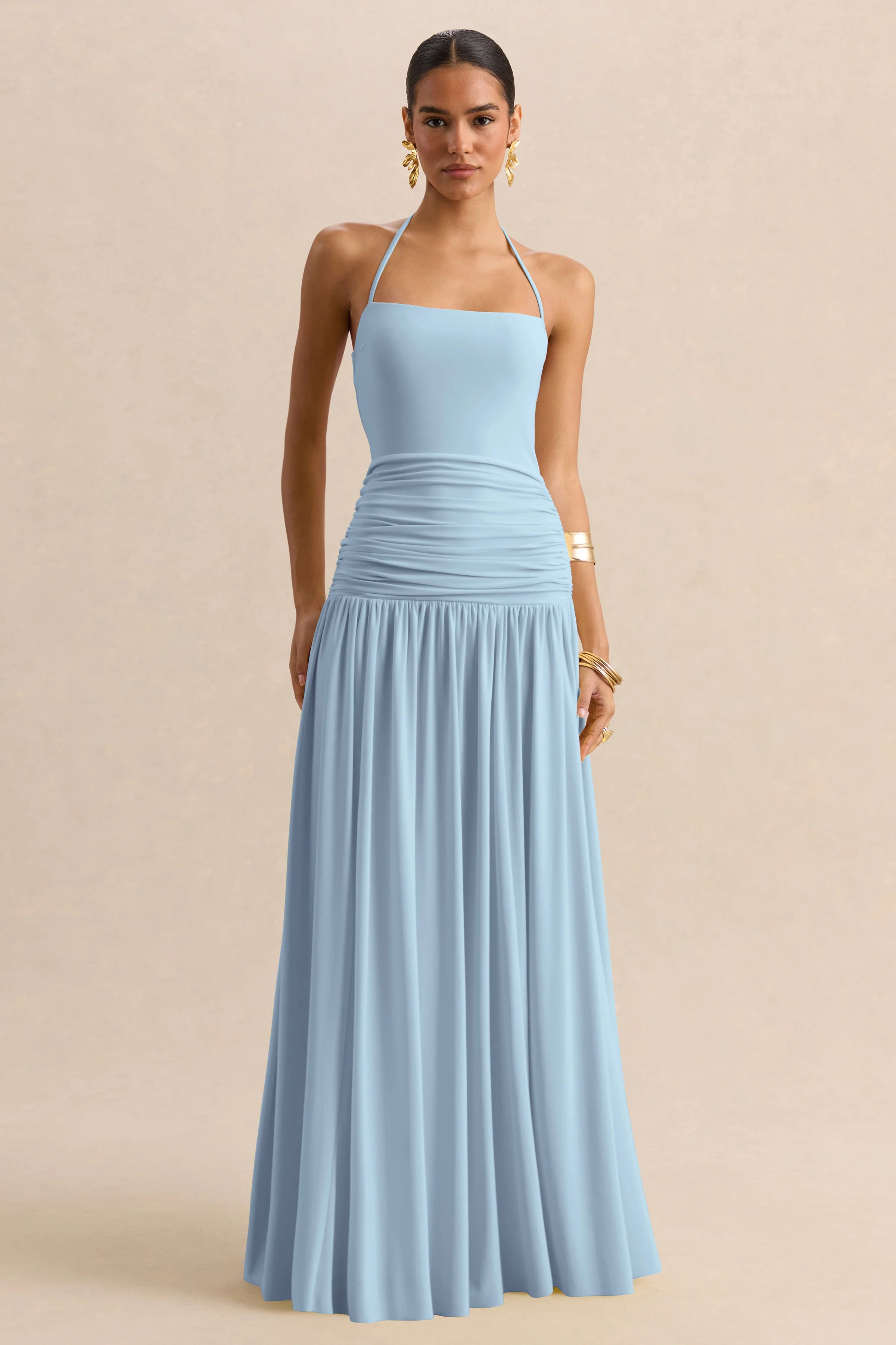 Nicolette Powder Blue Square Neck Maxi Dress With Ruched Detailing