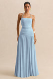Nicolette Powder Blue Square Neck Maxi Dress With Ruched Detailing