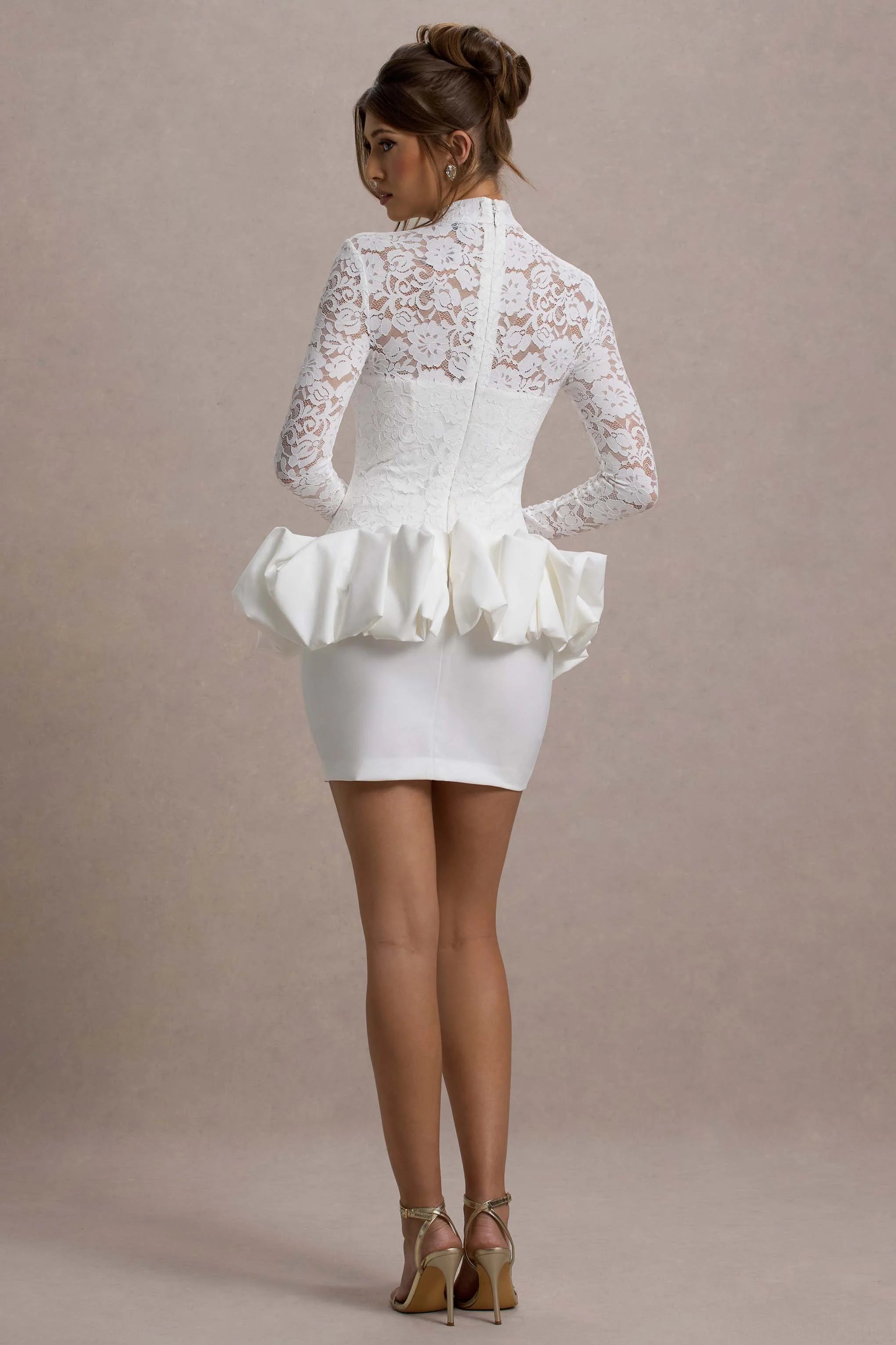 Antheia White Lace Long Sleeve Peplum Mini Dress