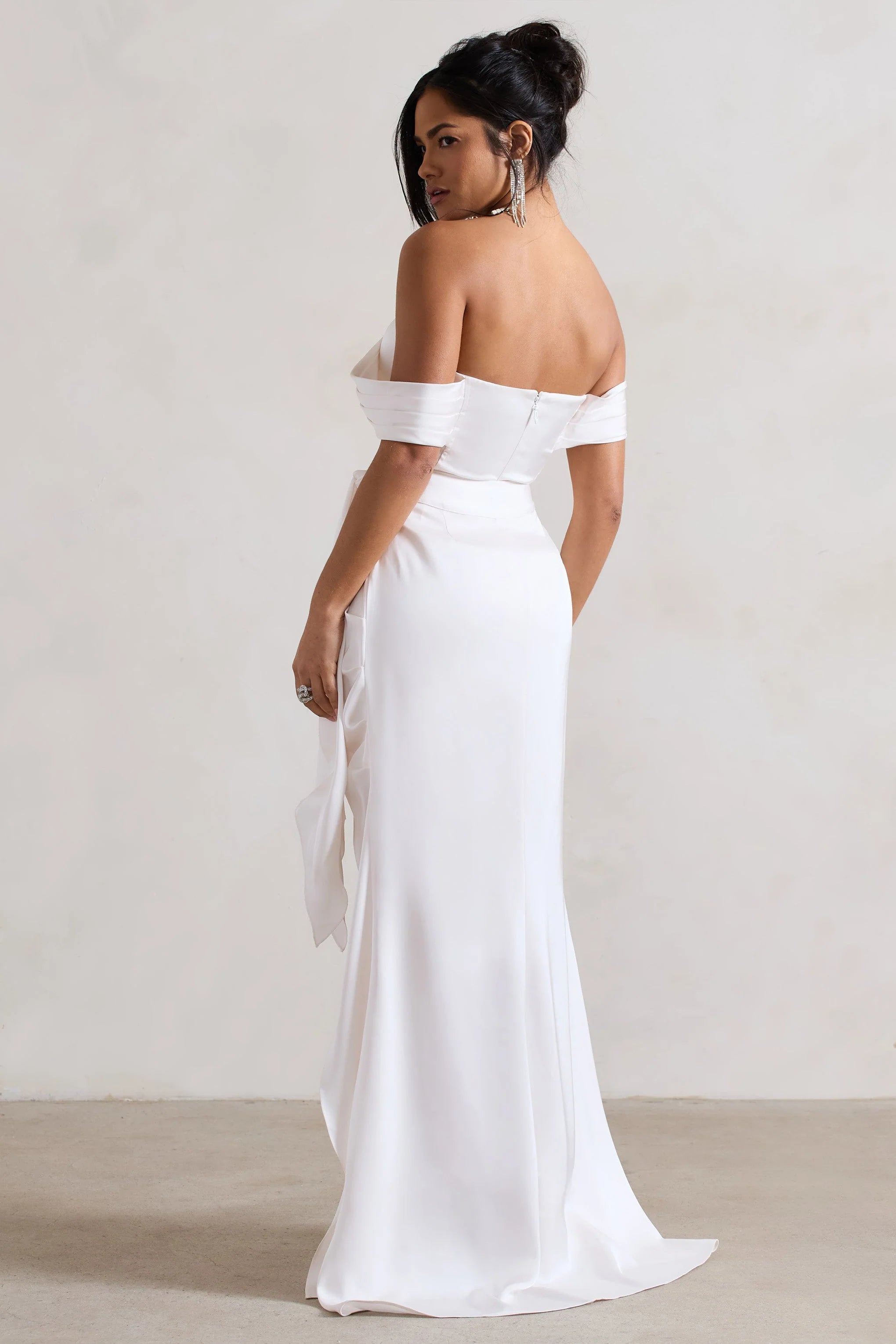 Milano Cream Satin Bardot Maxi Dress With Detachable Skirt