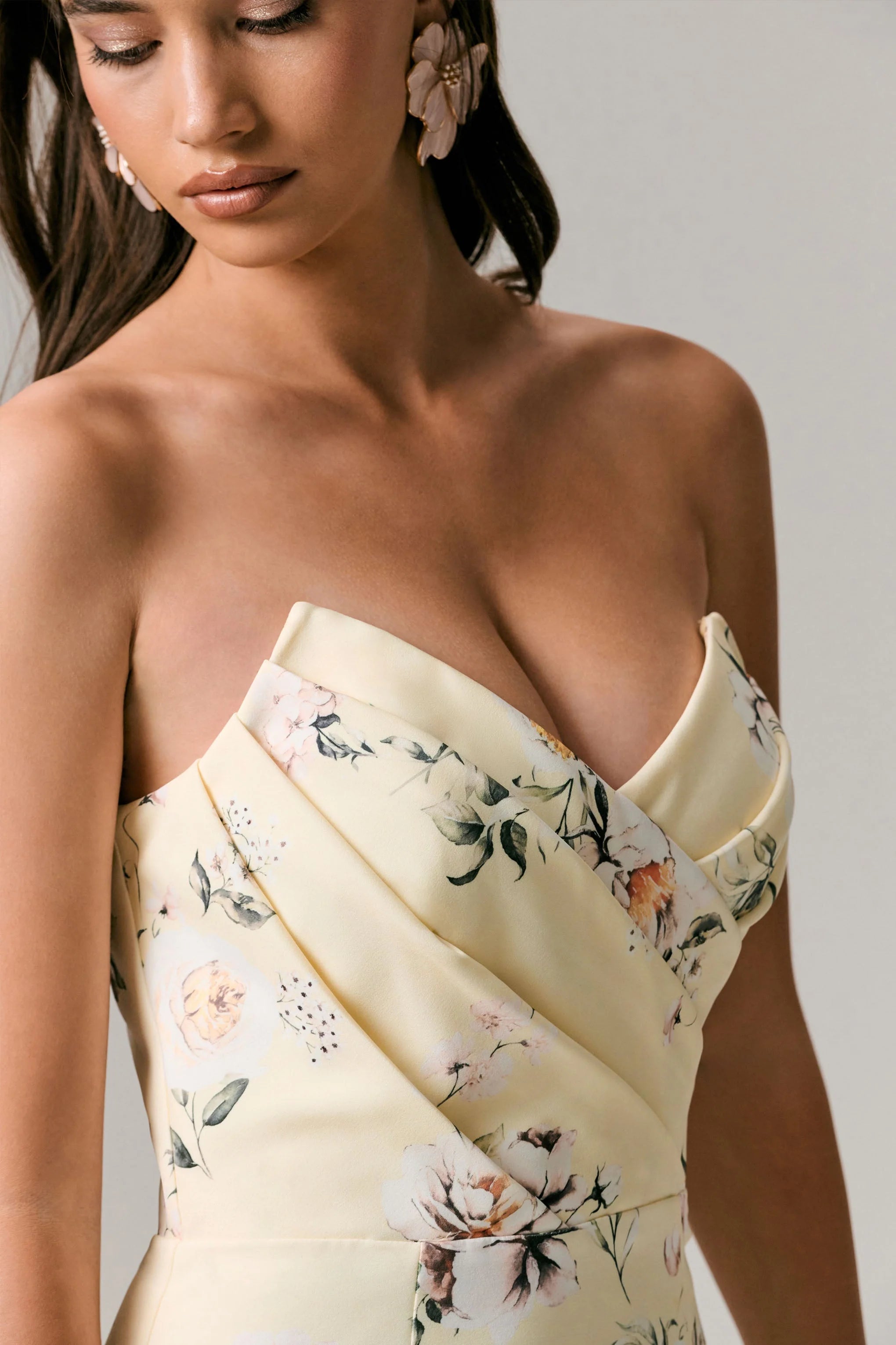 Fierce Lemon Print Asymmetric Ruched Maxi Dress