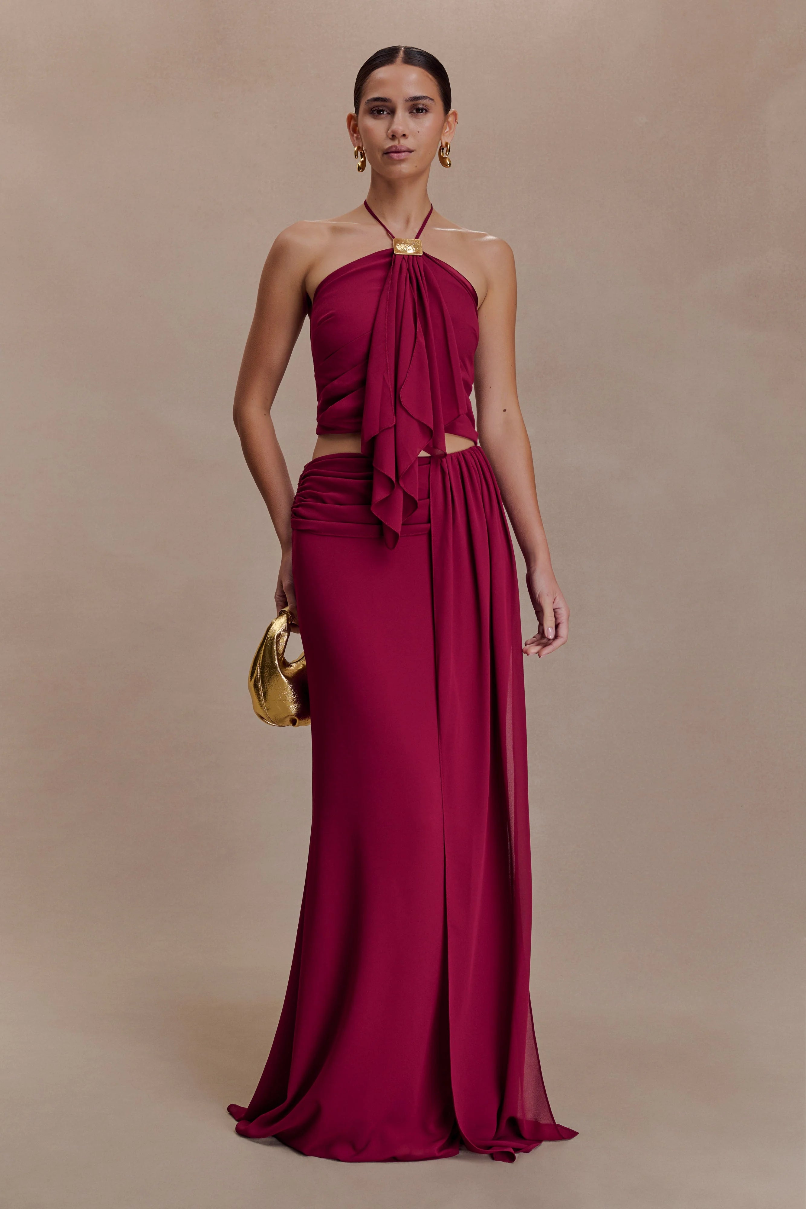 Celina Chiffon Overlay Maxi Skirt Cherry Red