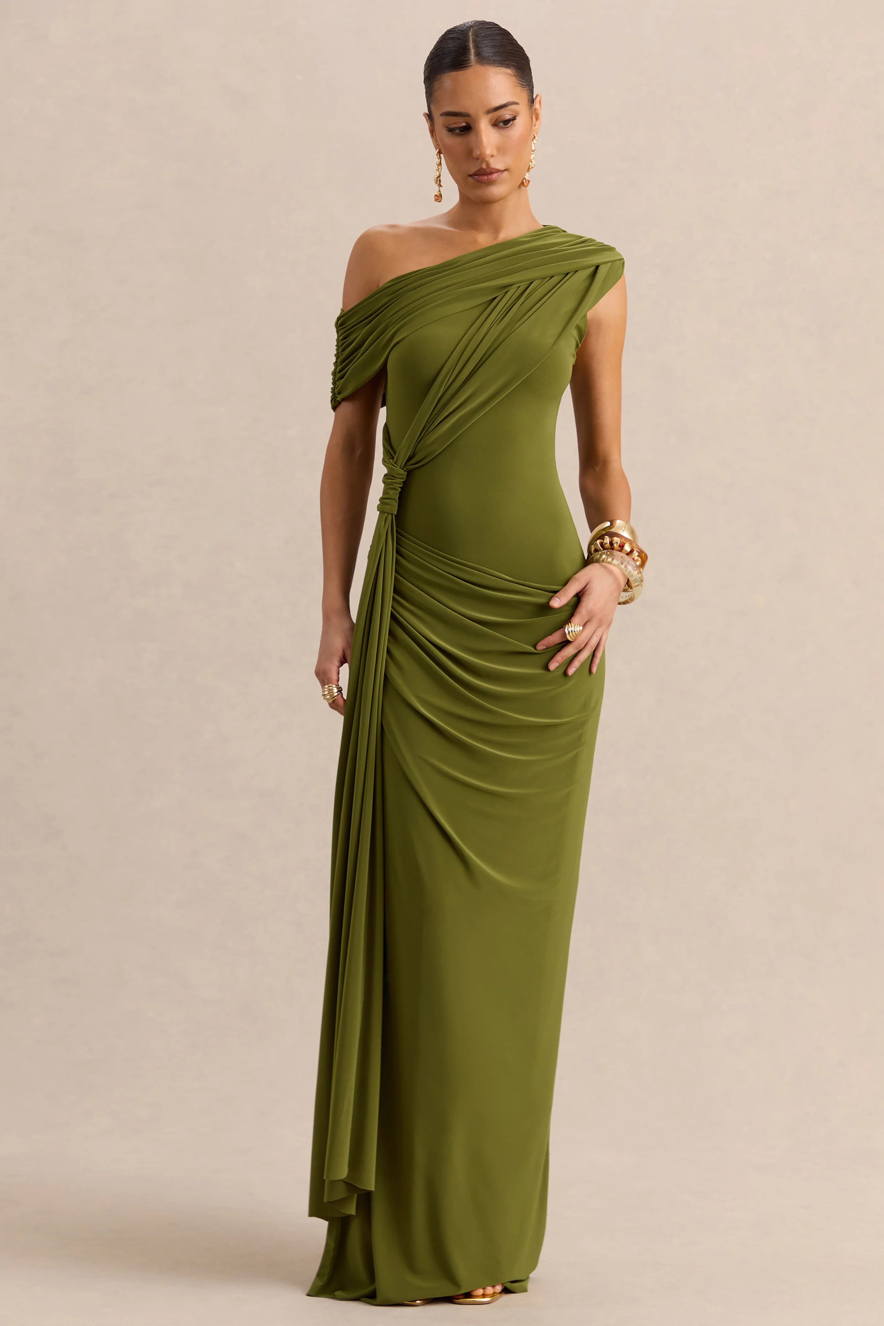 Avialee Green Asymmetric Neck Maxi Dress With Gathered Detailing And Sash