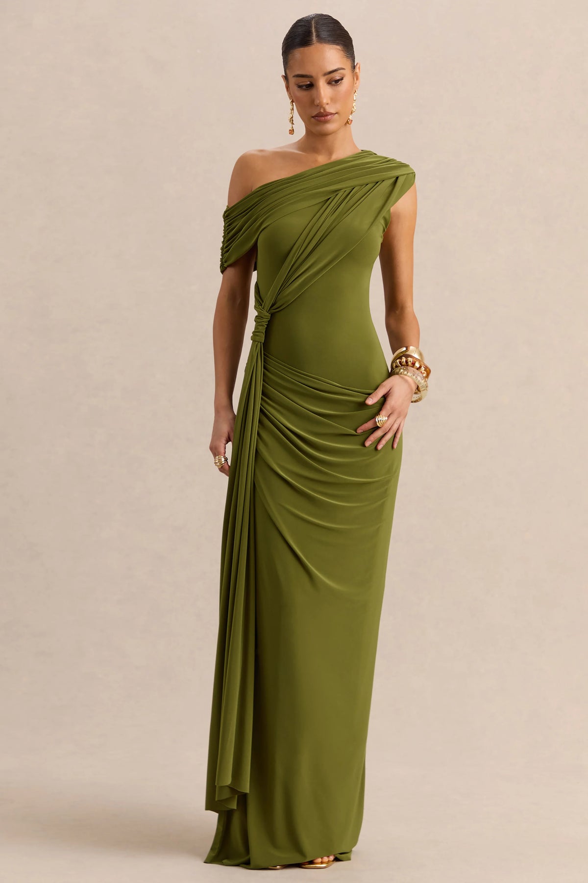 Avialee Green Asymmetric Neck Maxi Dress With Gathered Detailing And Sash