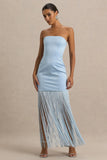 Trinity Powder Blue Satin Bandeau Maxi Dress With Fringe