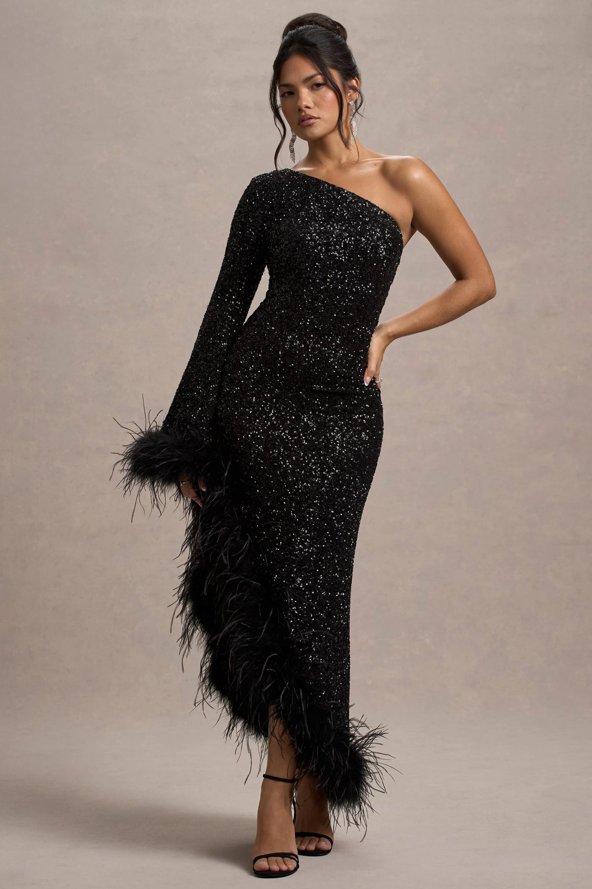 Shadow Black Sequin One Shoulder Feather Trim Maxi Dress