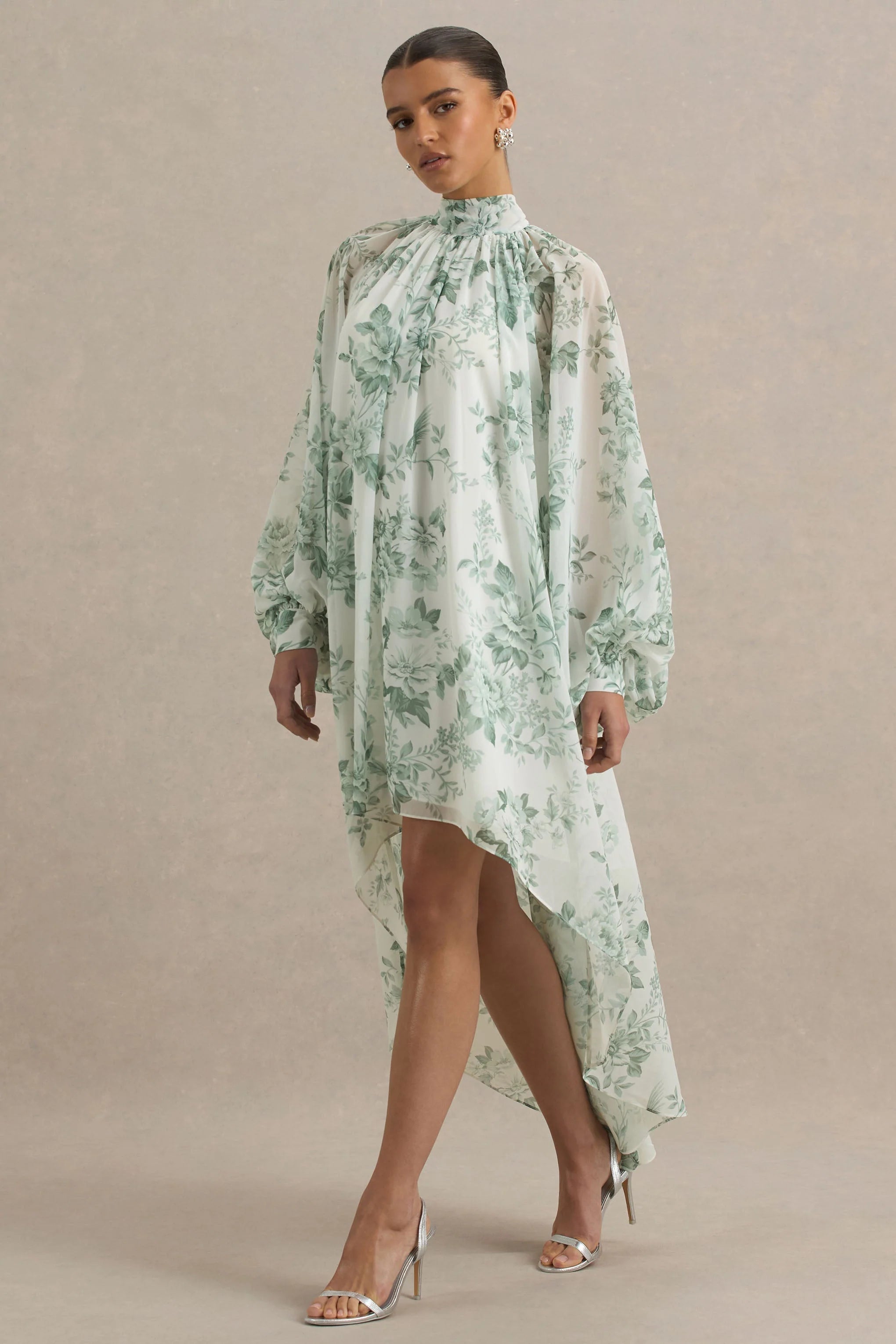 Delphia Green Floral Print High Neck Maxi Dress