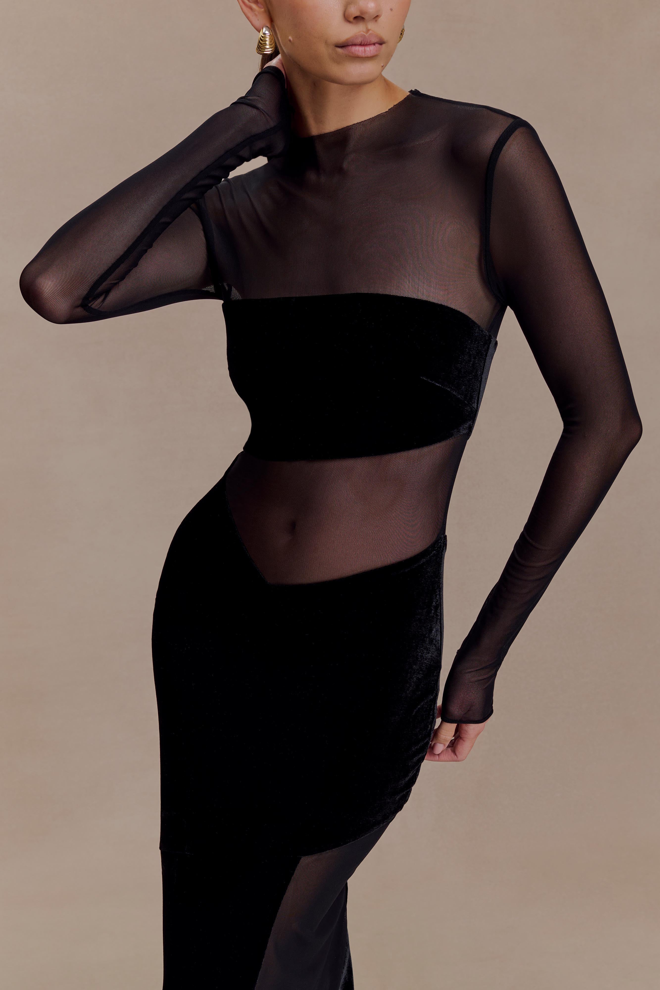 Davina Velvet And Mesh Maxi Dress Black