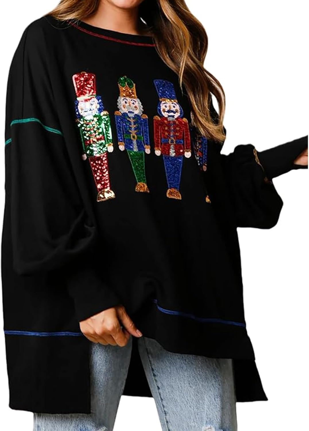 Christmas Sweatshirt for Women Funny Sequin Sweater Nutcracker Santa Xmas Graphic Oversized Pullover Tops