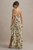 Whistler Tulip Floral Print Chiffon Bandeau High Low Ruffled Maxi Dress