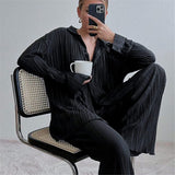 Pleated 2 Piece Outfits for Women Long Sleeve Oversized Button Down Shirt Wide Leg Pants Sets Casual Loungewear