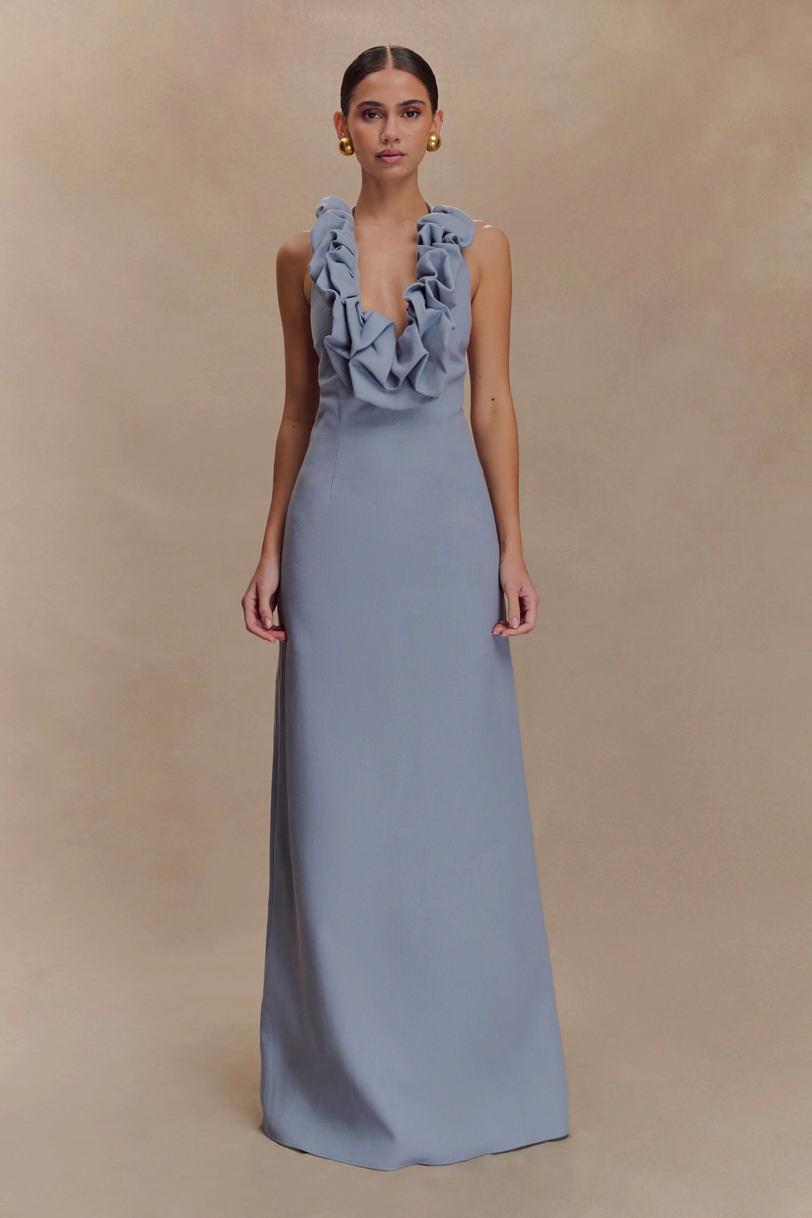 Carolyn Linen Bubble Maxi Dress Misty Blue