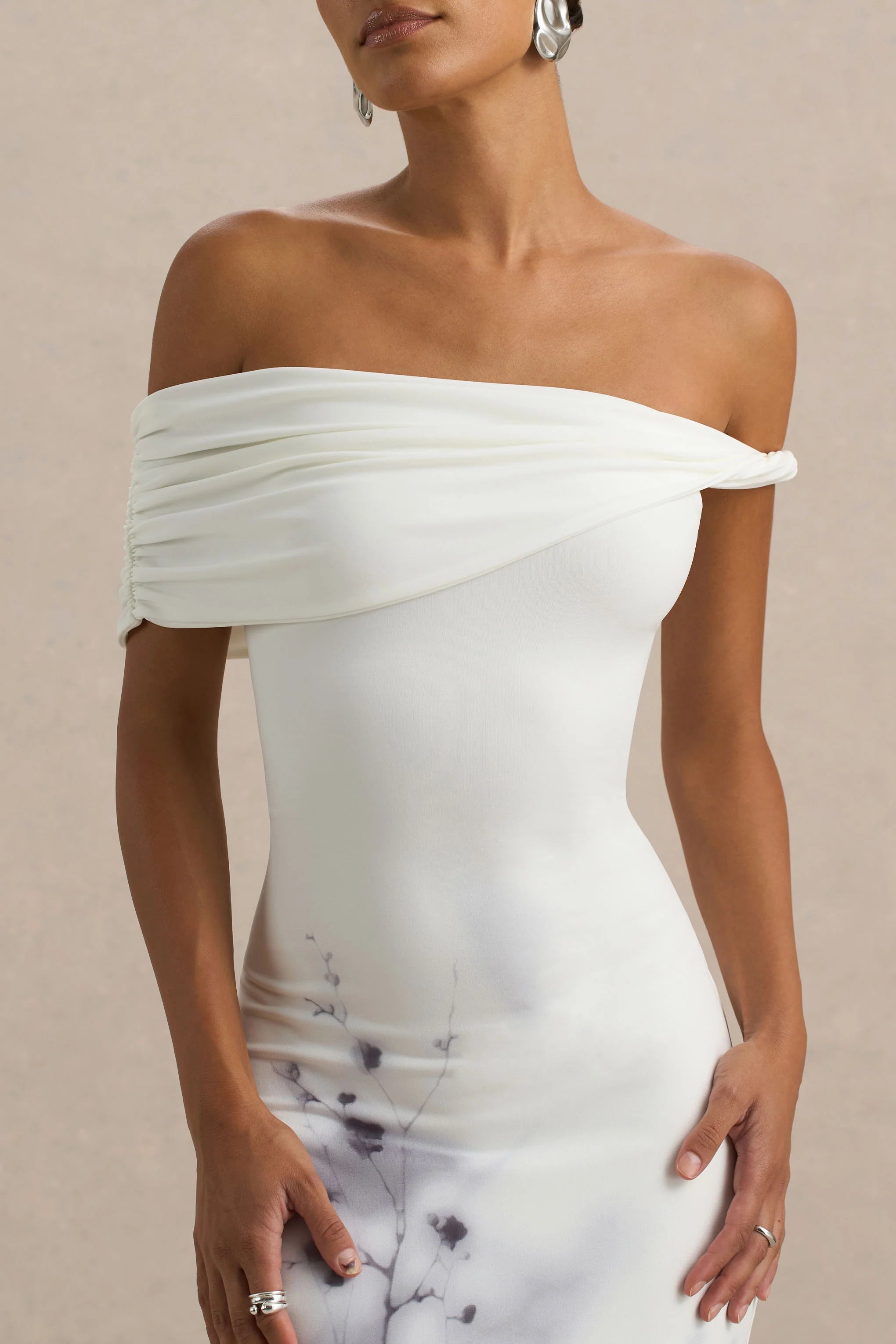 Sachi White Print Twisted Bardot Maxi Dress