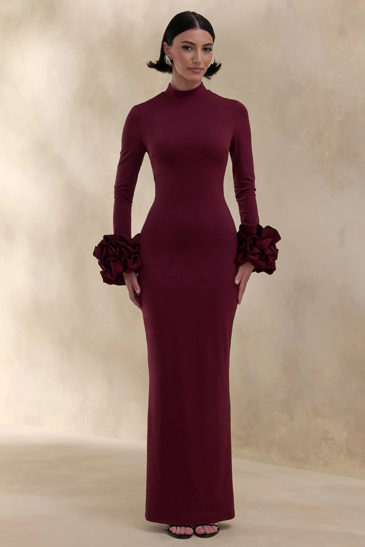 Jaselle Dark Plum High Neck Maxi Dress With Ruffled Satin Cuffs