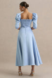Rosey Powder Blue Satin Sweetheart Midi Dress