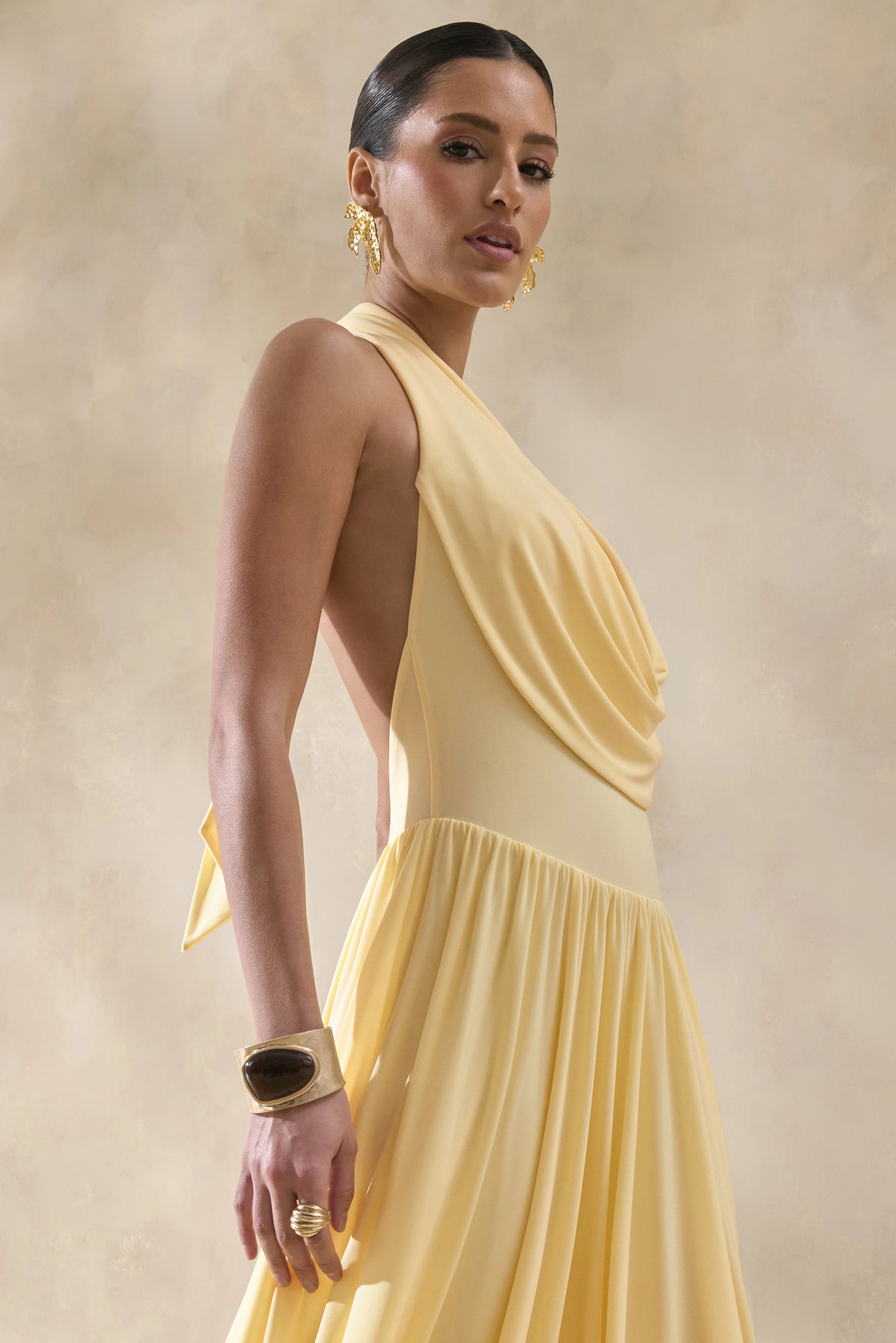 Veyra Lemon Plunge Cowl Neck Midi Dress