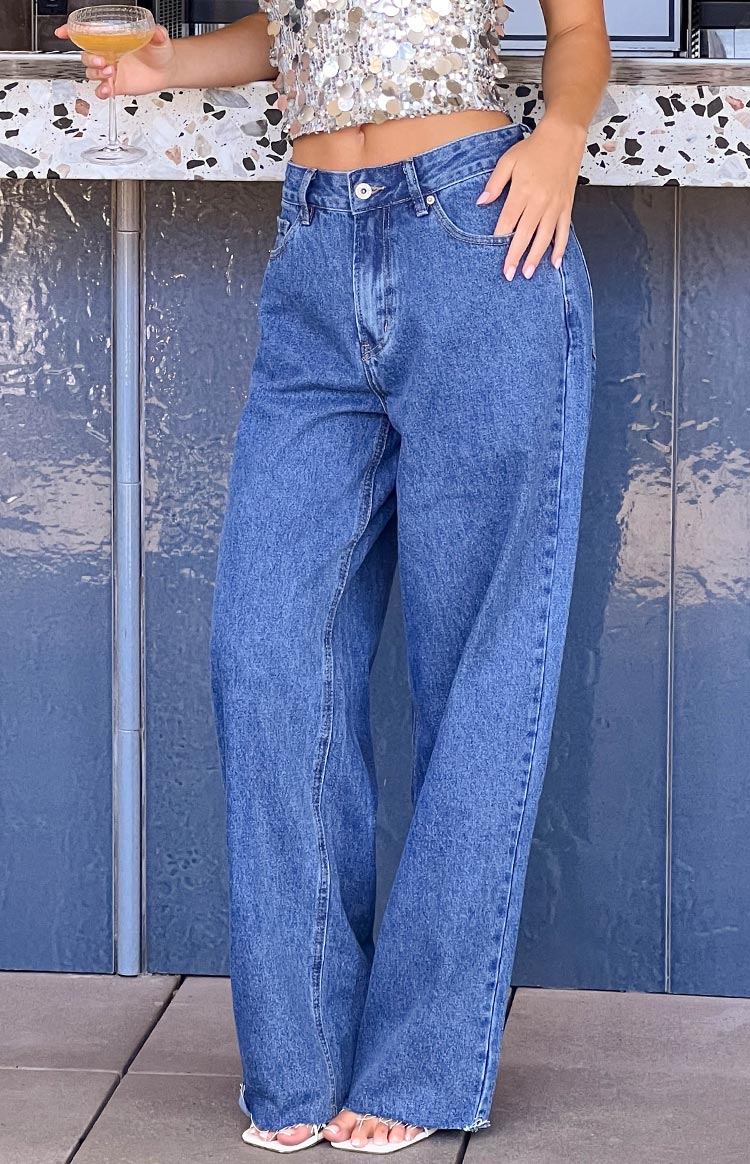 Shes Yours Mid Wash Denim Wide Leg Boyfriend Jeans