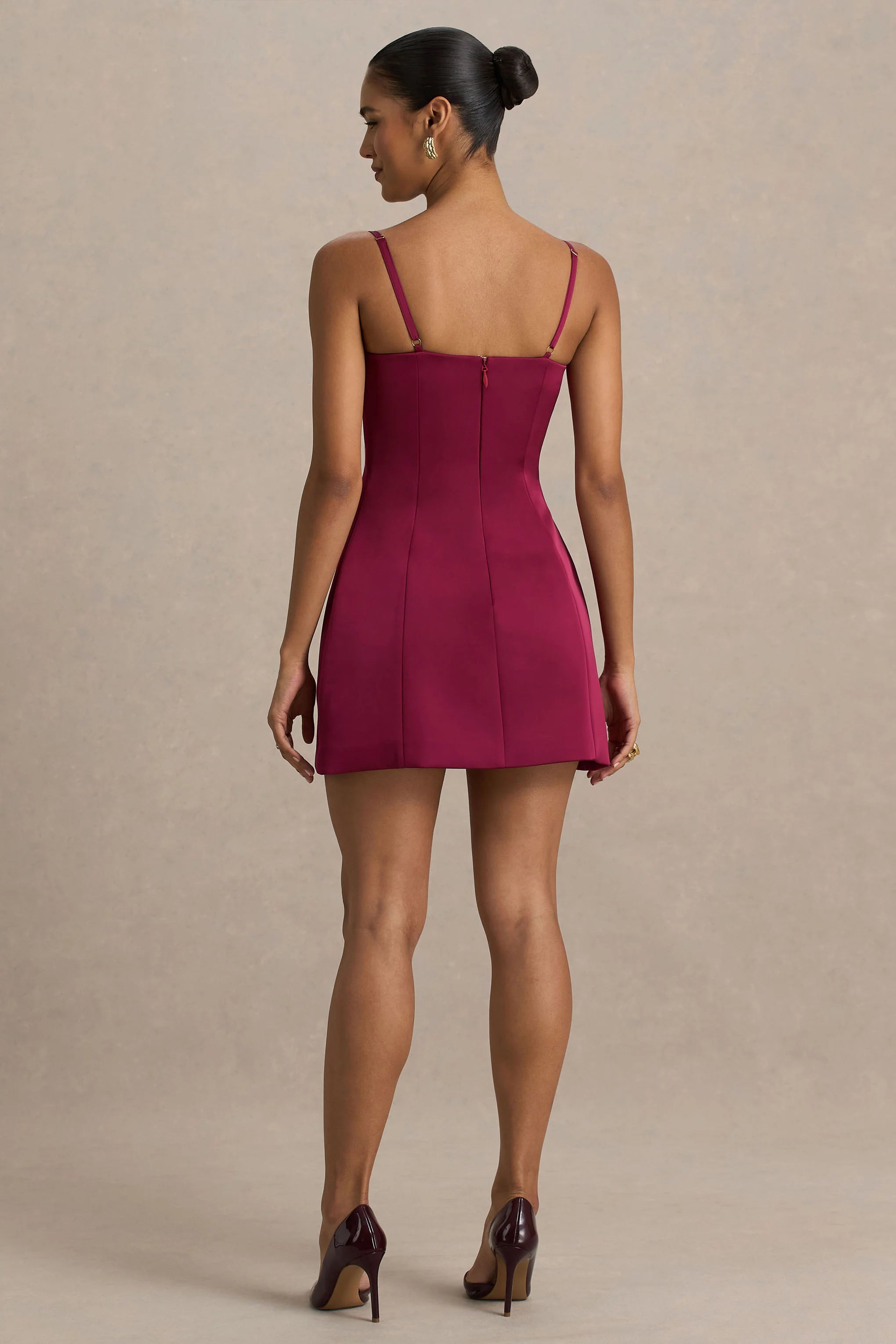 Elara Burgundy Satin Plunge Neck Mini Dress