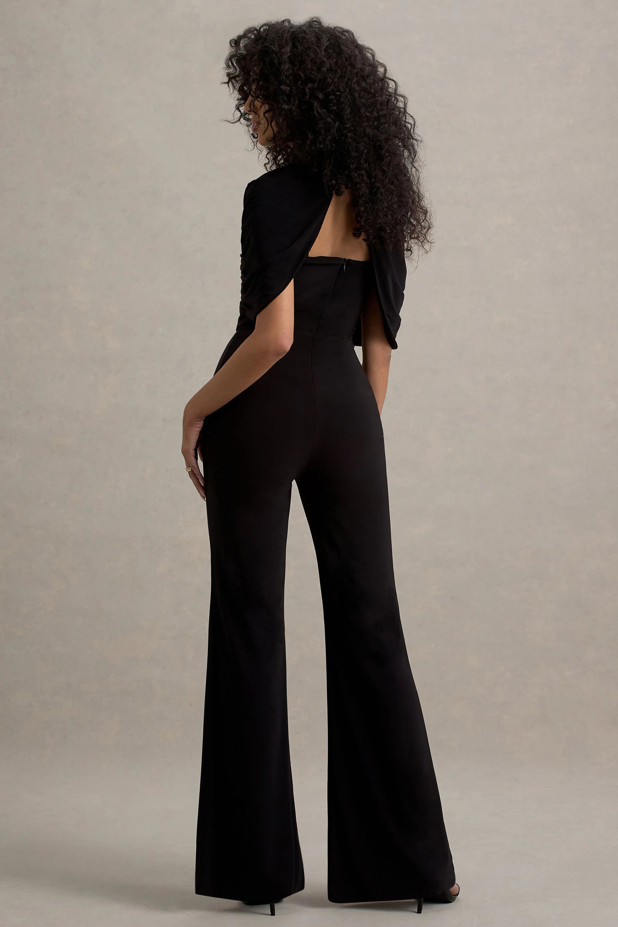 Isoline Black Twist Cape Flared Leg Jumpsuit