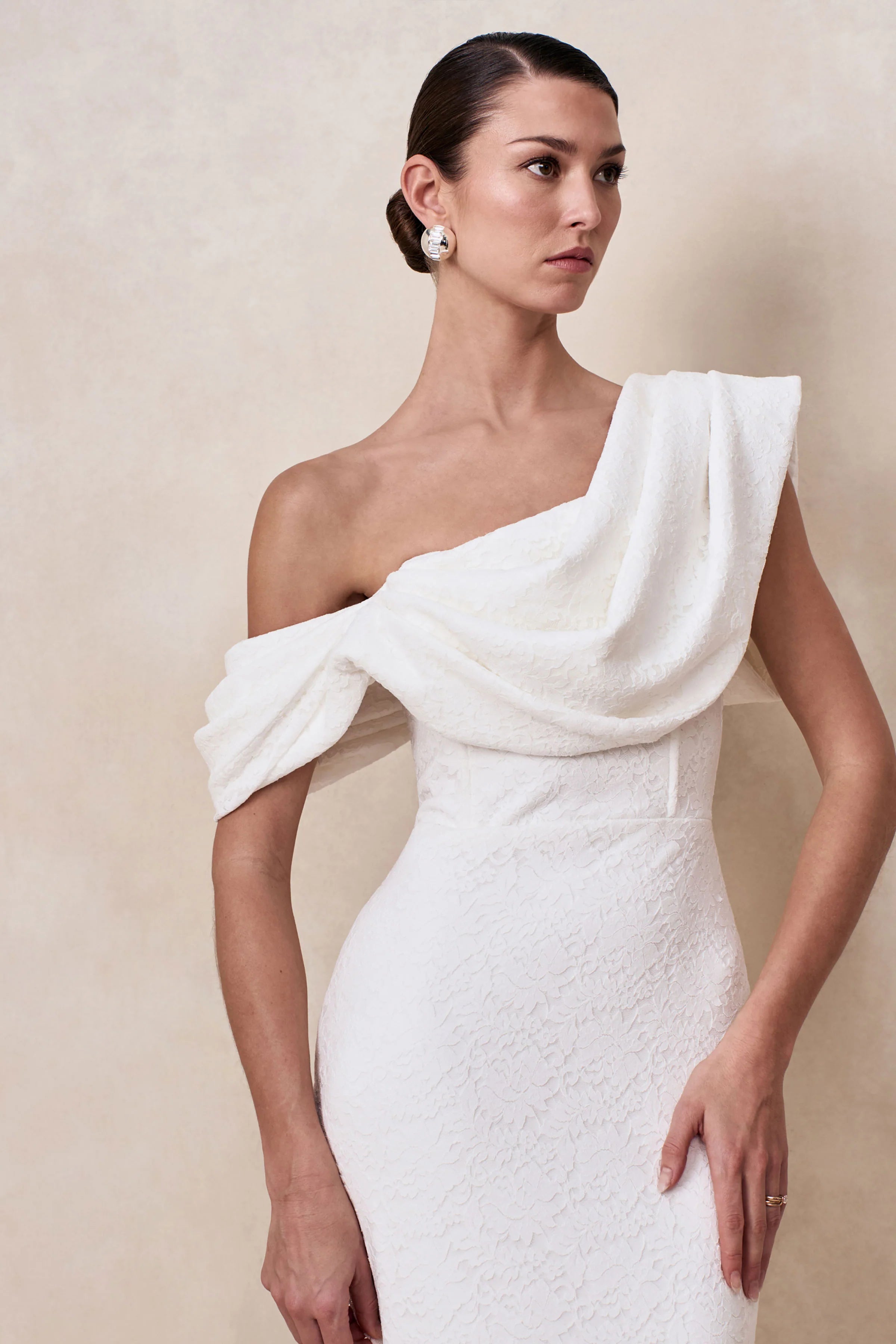 Farvera White Lace Draped Asymmetric Neck Midi Dress