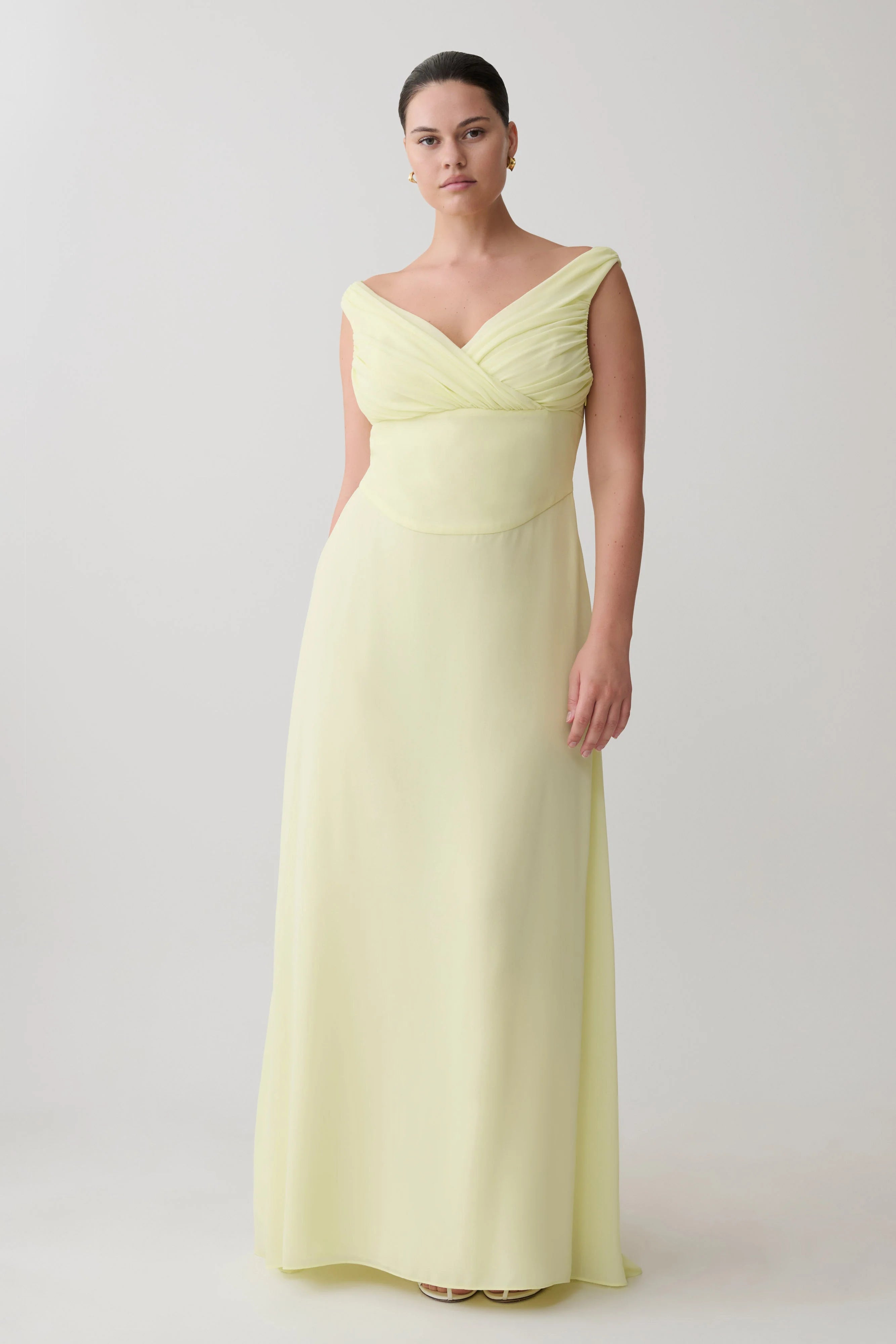 Mabel Off Shoulder Chiffon Maxi Dress Lemon