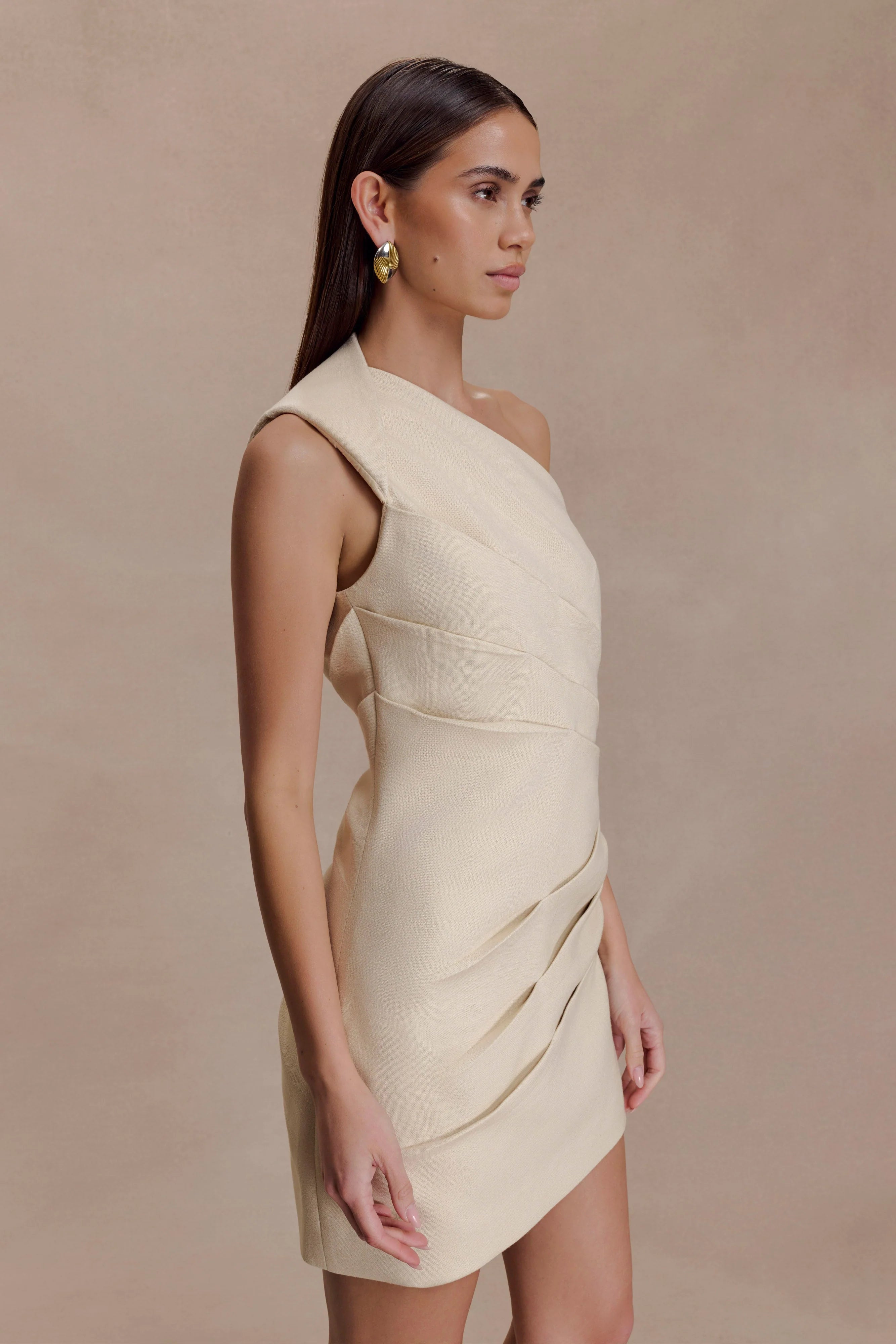 Helena One Shoulder Linen Mini Dress Natural Beige