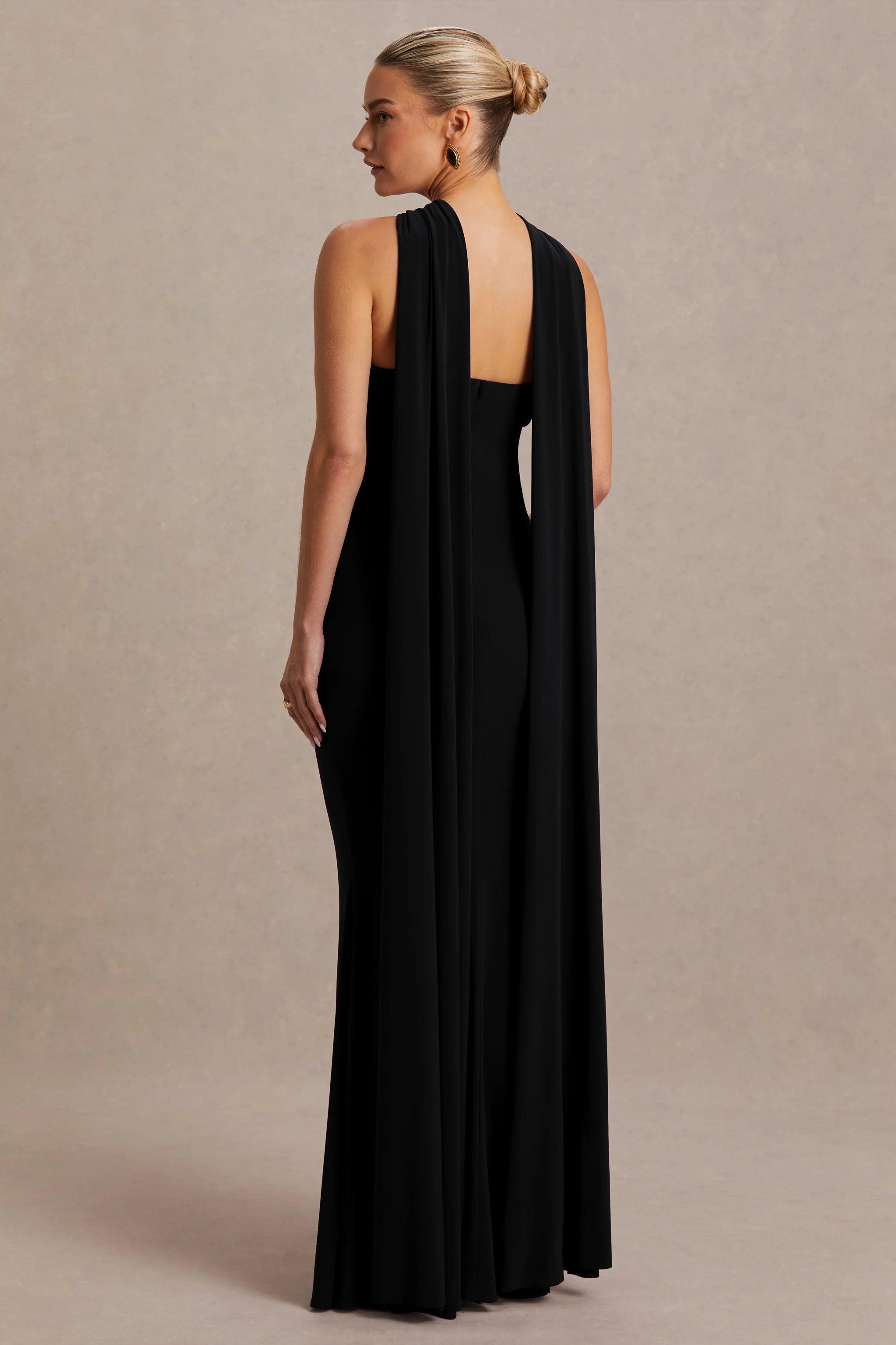 Lyra Black Cross Halter Neck Maternity Maxi Dress With Cape
