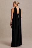 Lyra Black Cross Halter Neck Maternity Maxi Dress With Cape