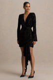 Vicenta Black Velvet Devore Plunge Neck Wrap Mini Dress