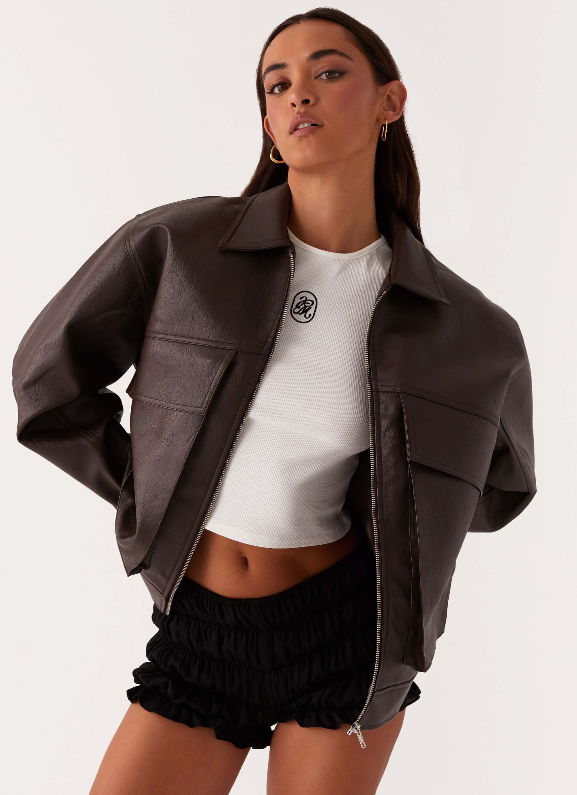 Lula Faux Leather Bomber Jacket Chocolate