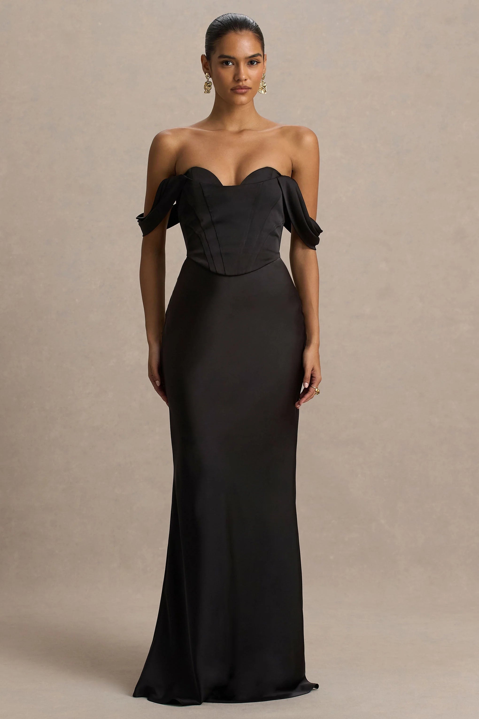 Perenna Black Satin Sweetheart Neck Maxi Dress With Draped Sleeves