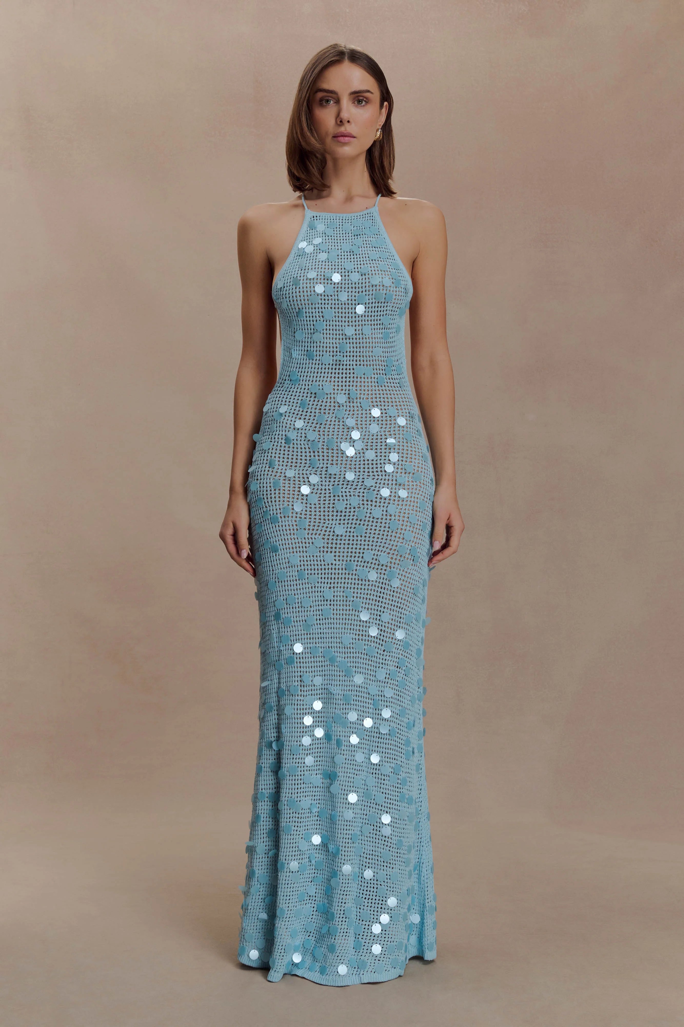 Carmen Crochet Sequin Maxi Open Back Dress Blue