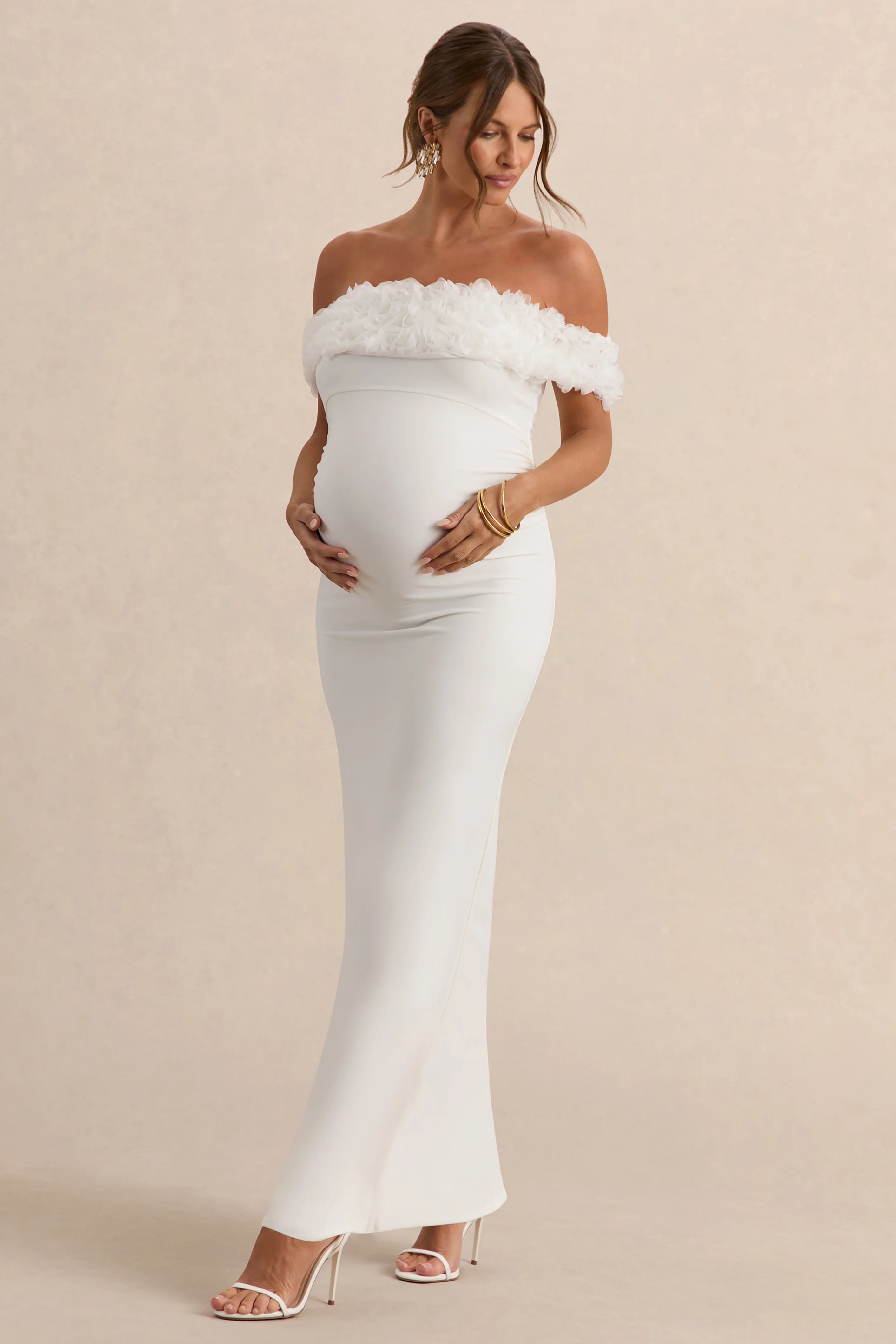 Inflorescence White Mesh Floral Bardot Maternity Maxi Dress