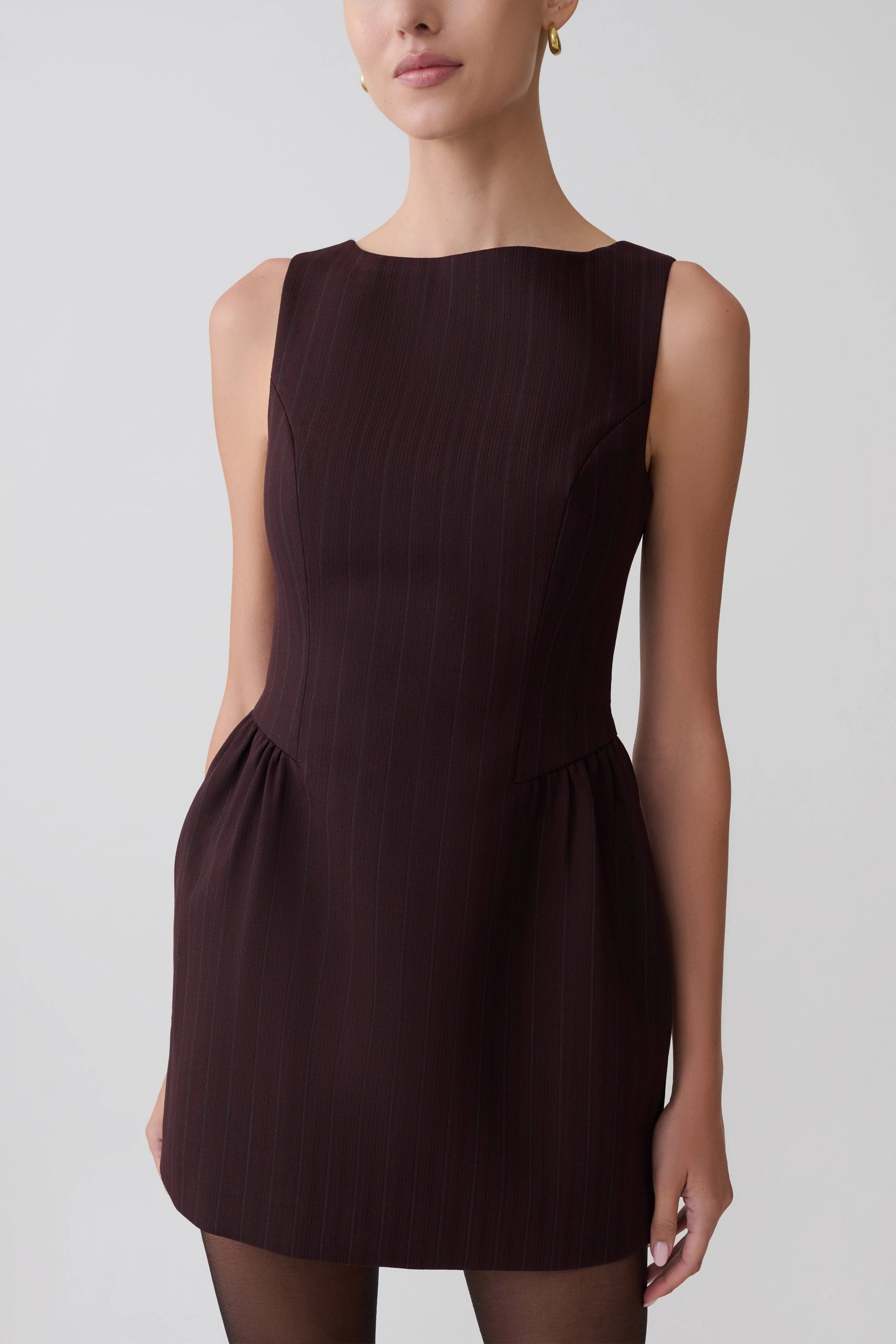 Hallie Boat Neck Mini Dress Plum Pinstripe