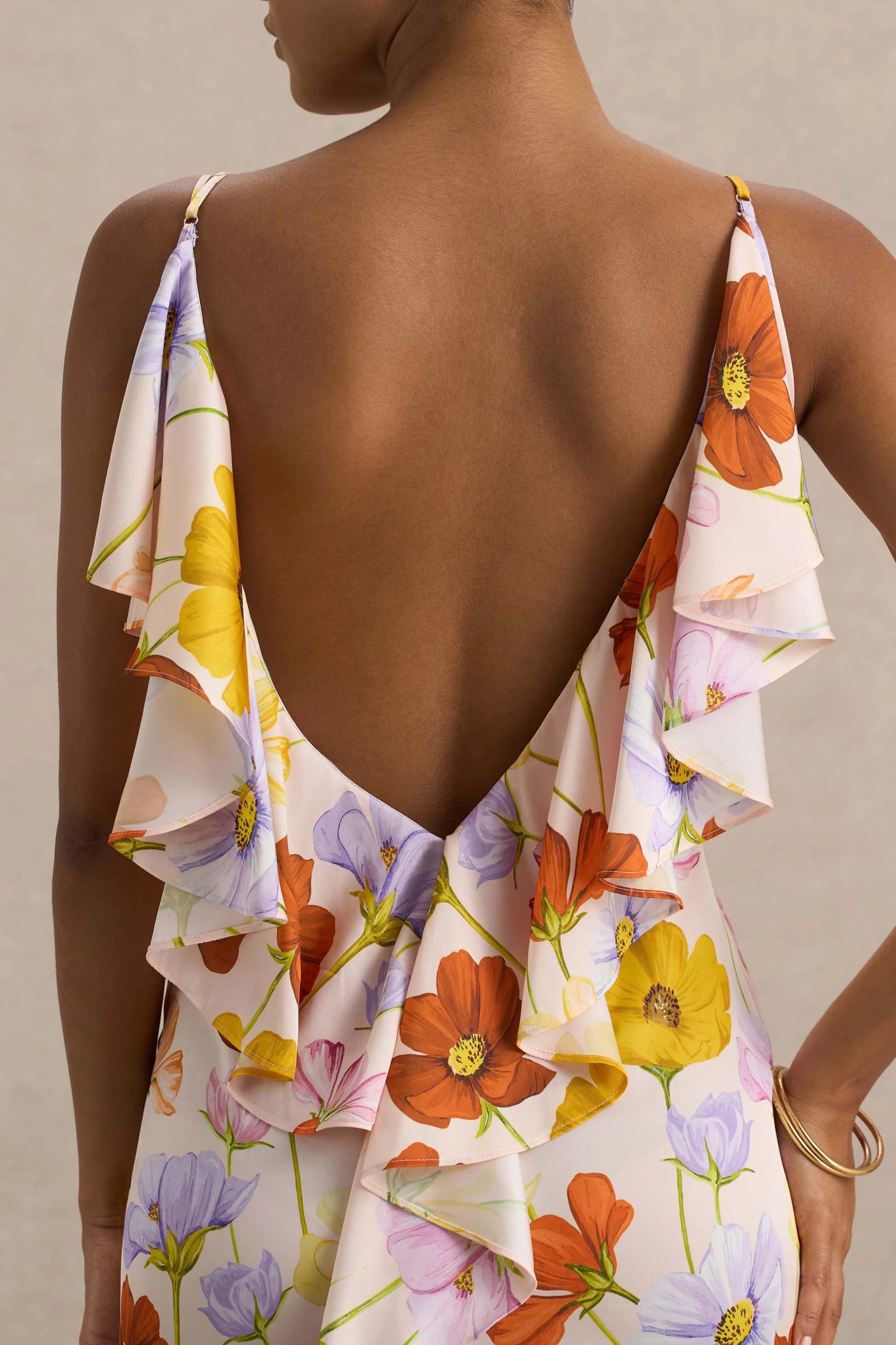 Thames Bright Floral Print Satin Cowl Neck Maxi Dress