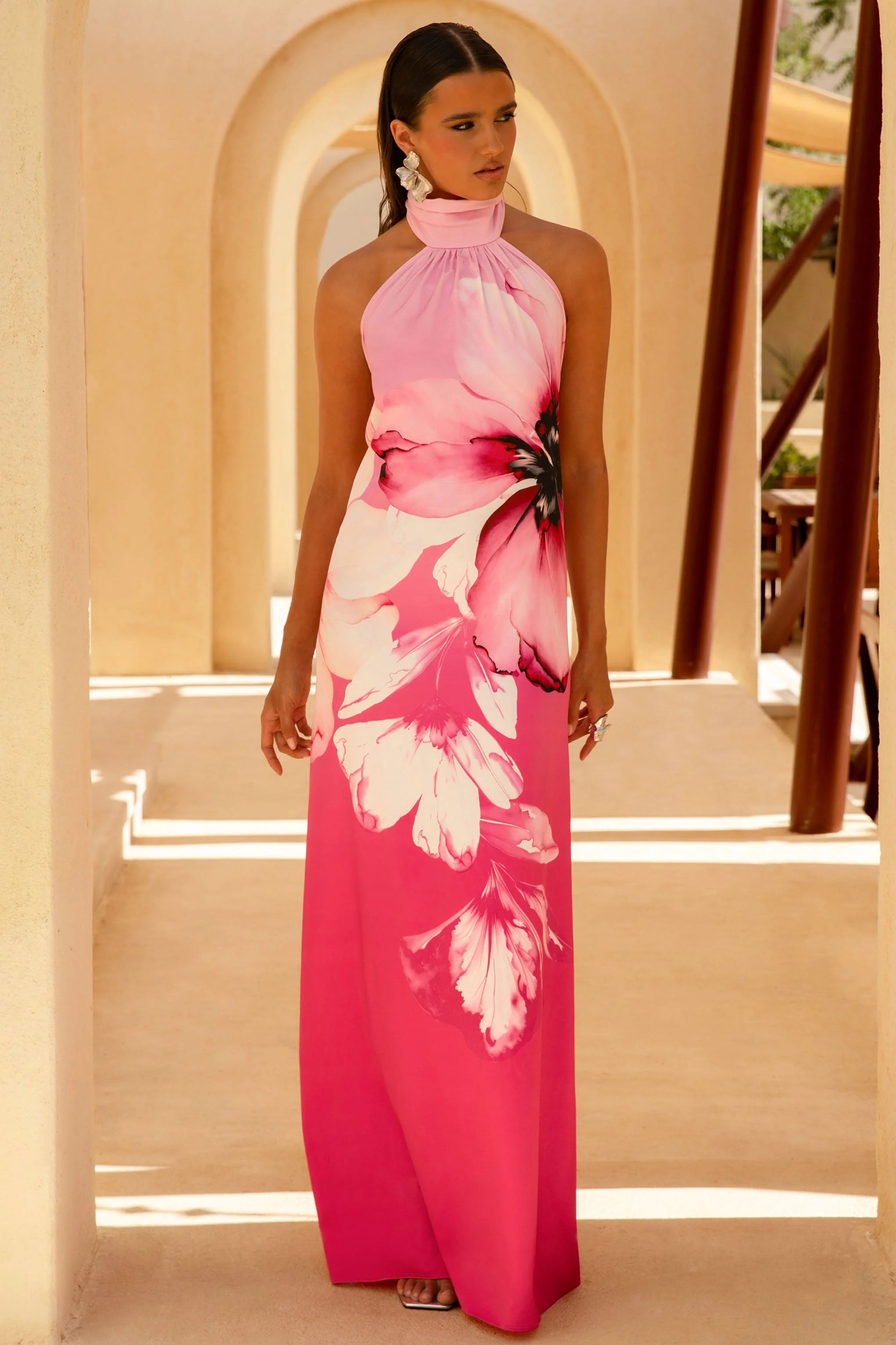 Leia Pink Lily Print High Neck Maxi Dress